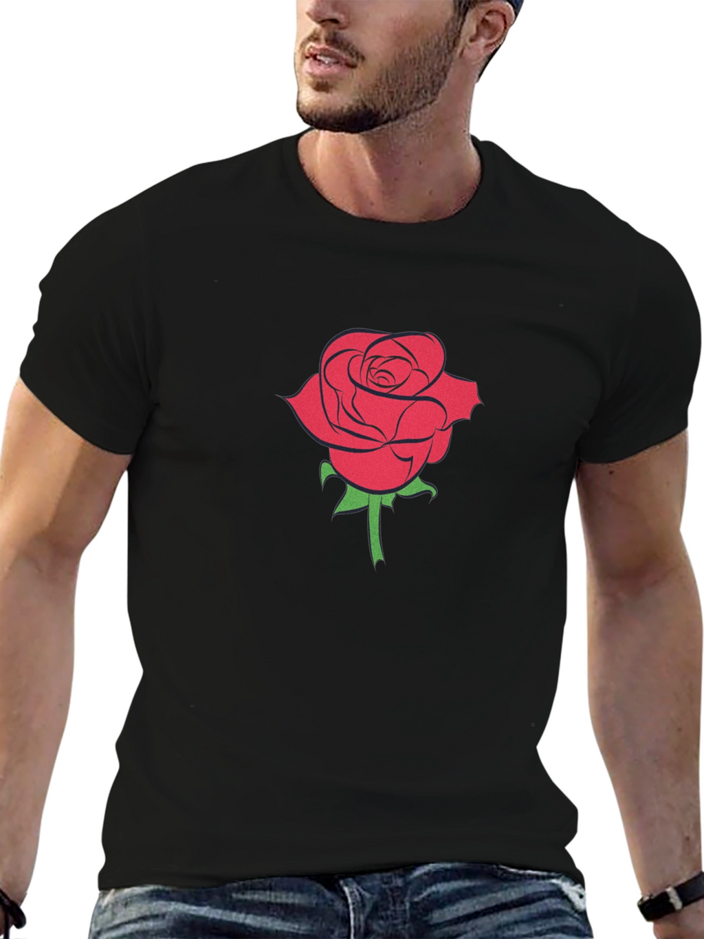 Black T-Shirt with Red Rose Graphic
