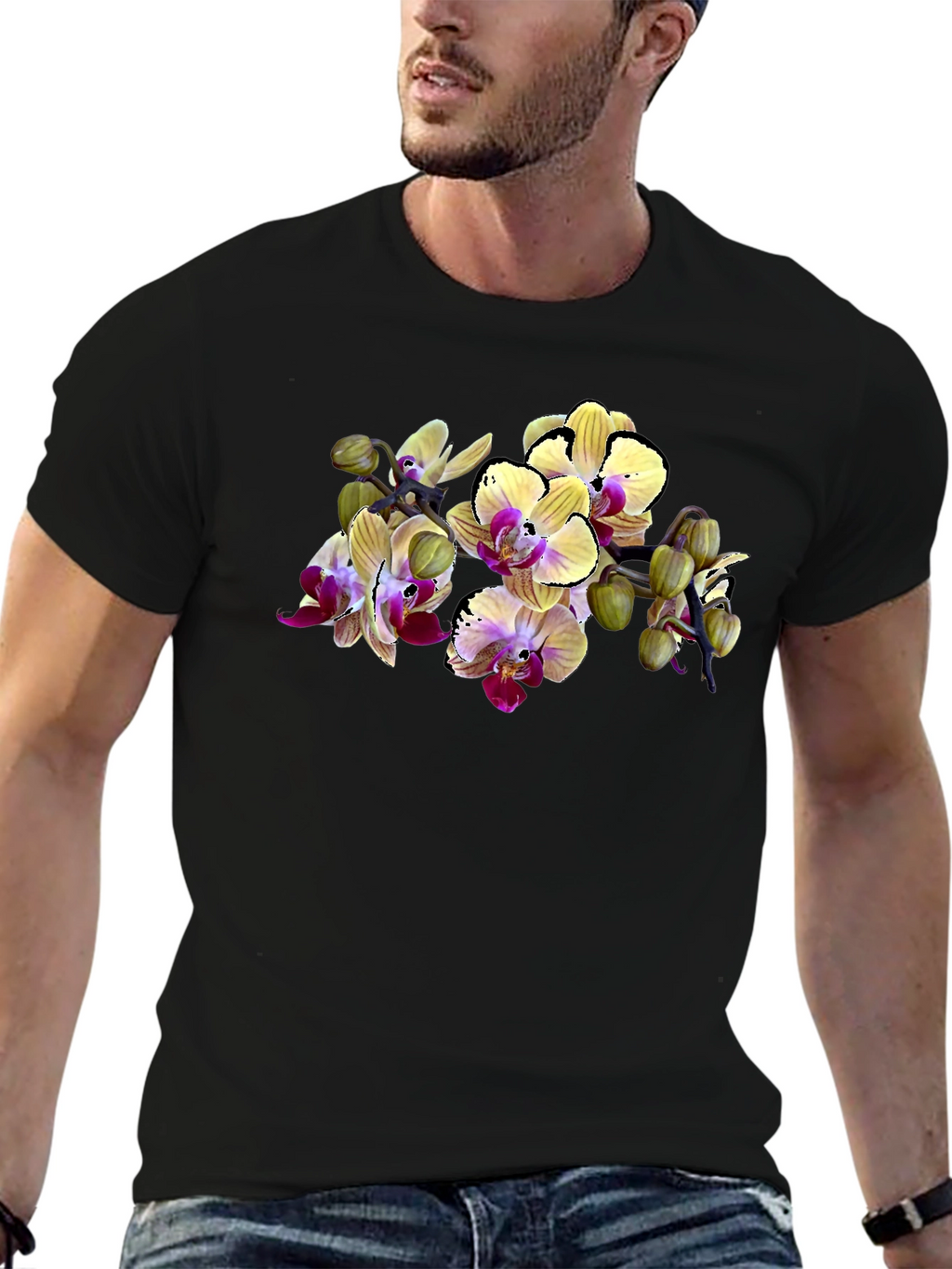 Orchid Print Black T-Shirt