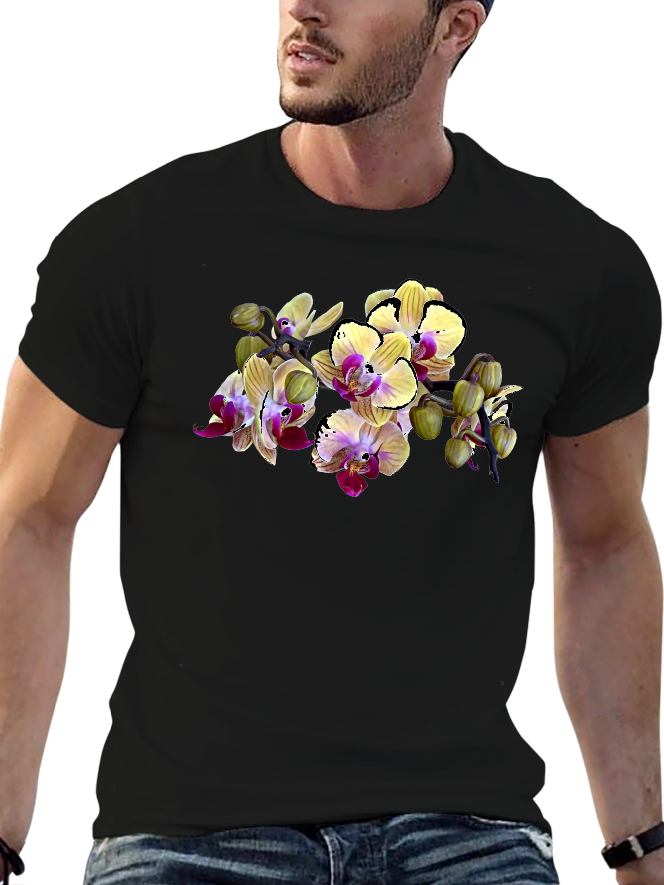 Orchid Print Black T-Shirt