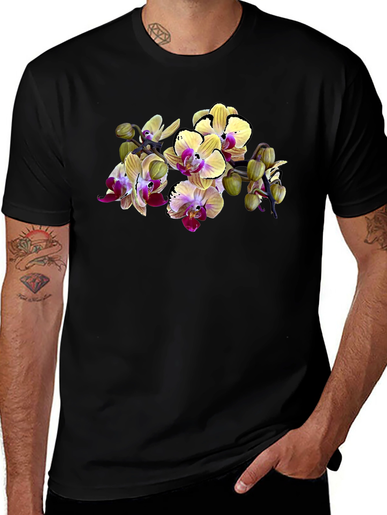 Orchid Print Black T-Shirt