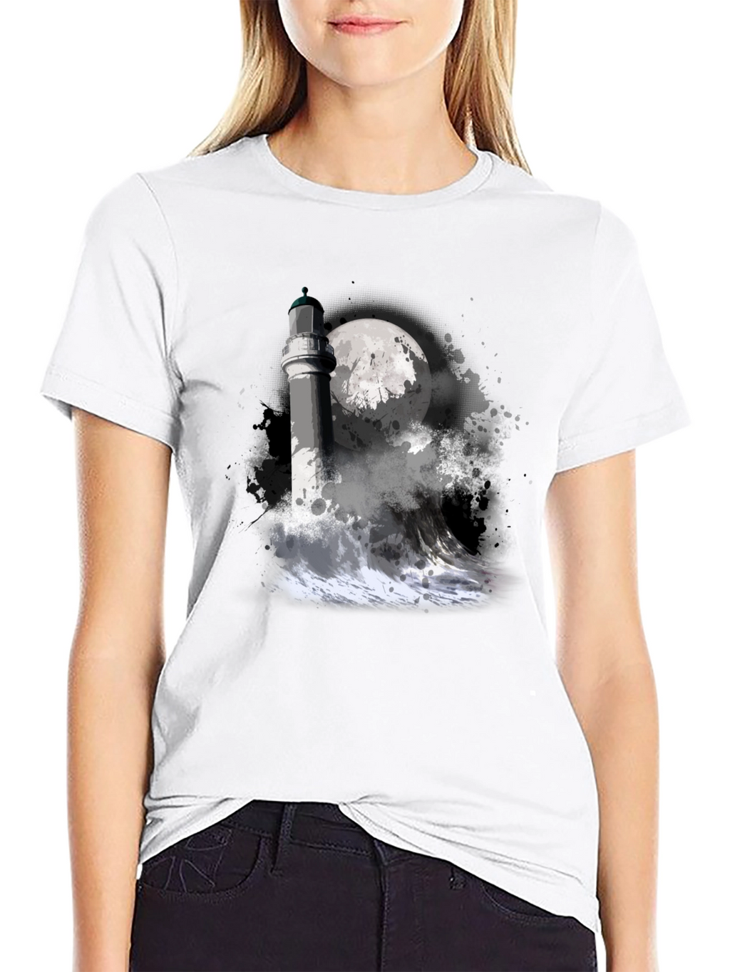 Lighthouse & Moon Graphic Tee - Black Cotton T-Shirt