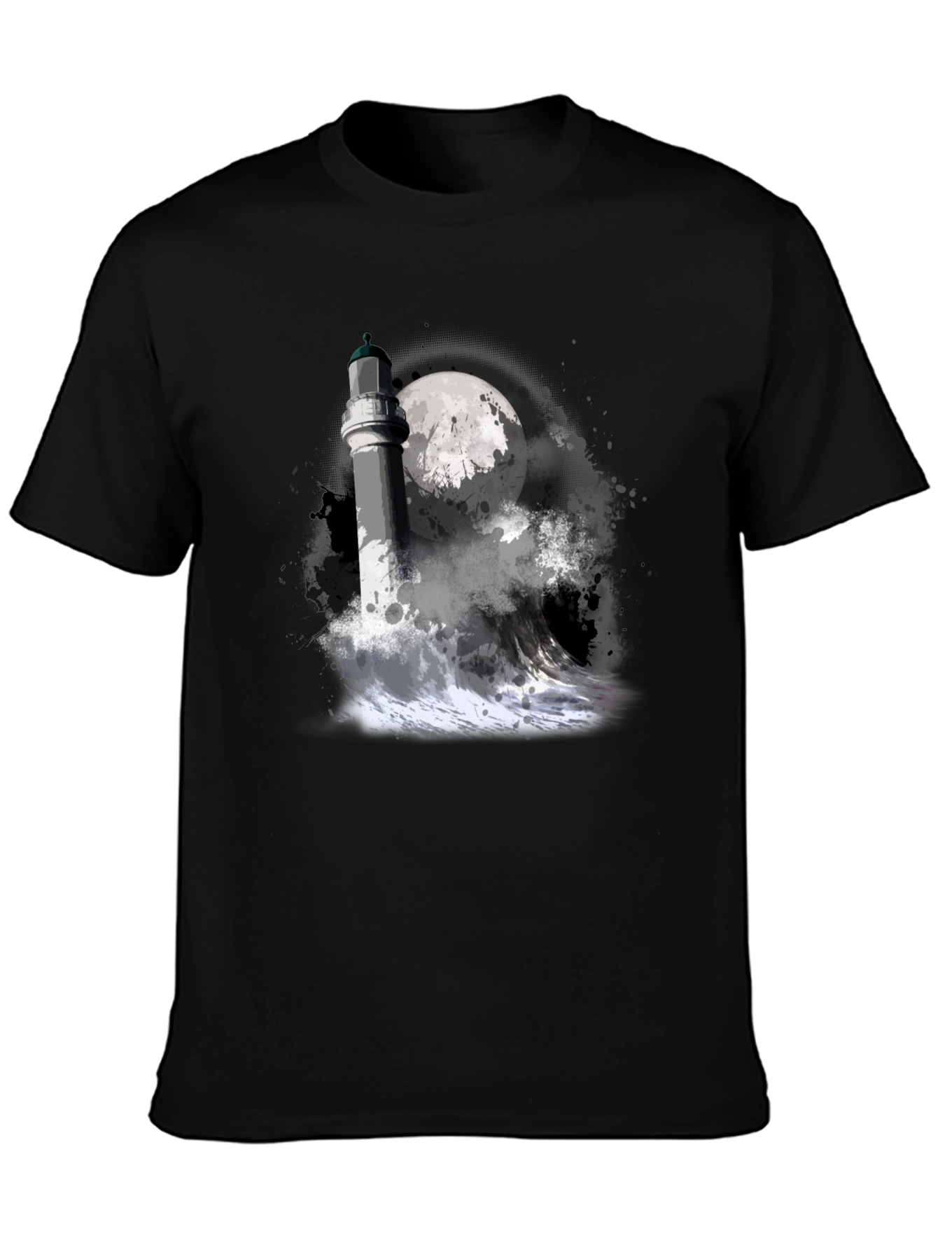 Lighthouse & Moon Graphic Tee - Black Cotton T-Shirt