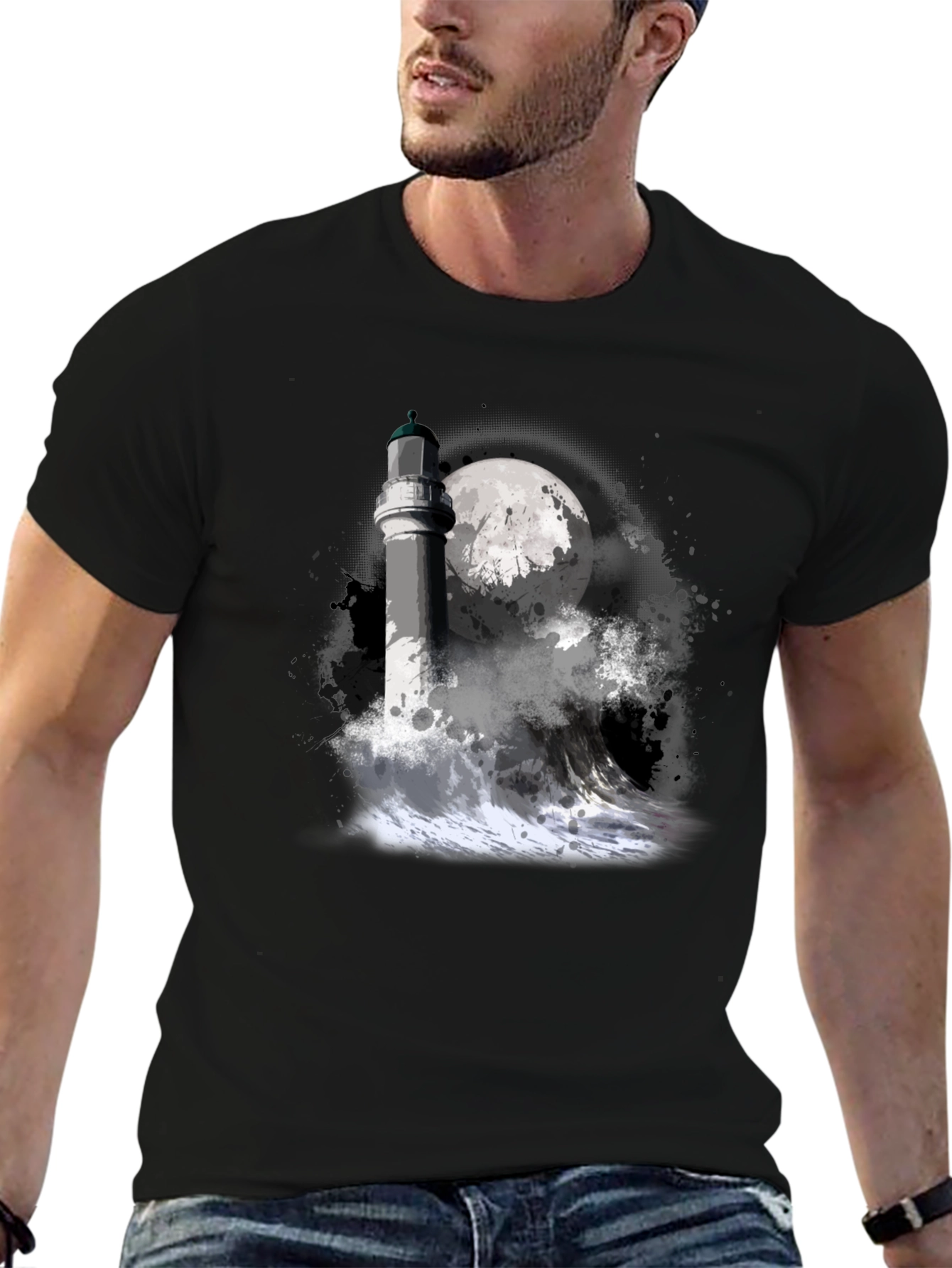 Lighthouse & Moon Graphic Tee - Black Cotton T-Shirt