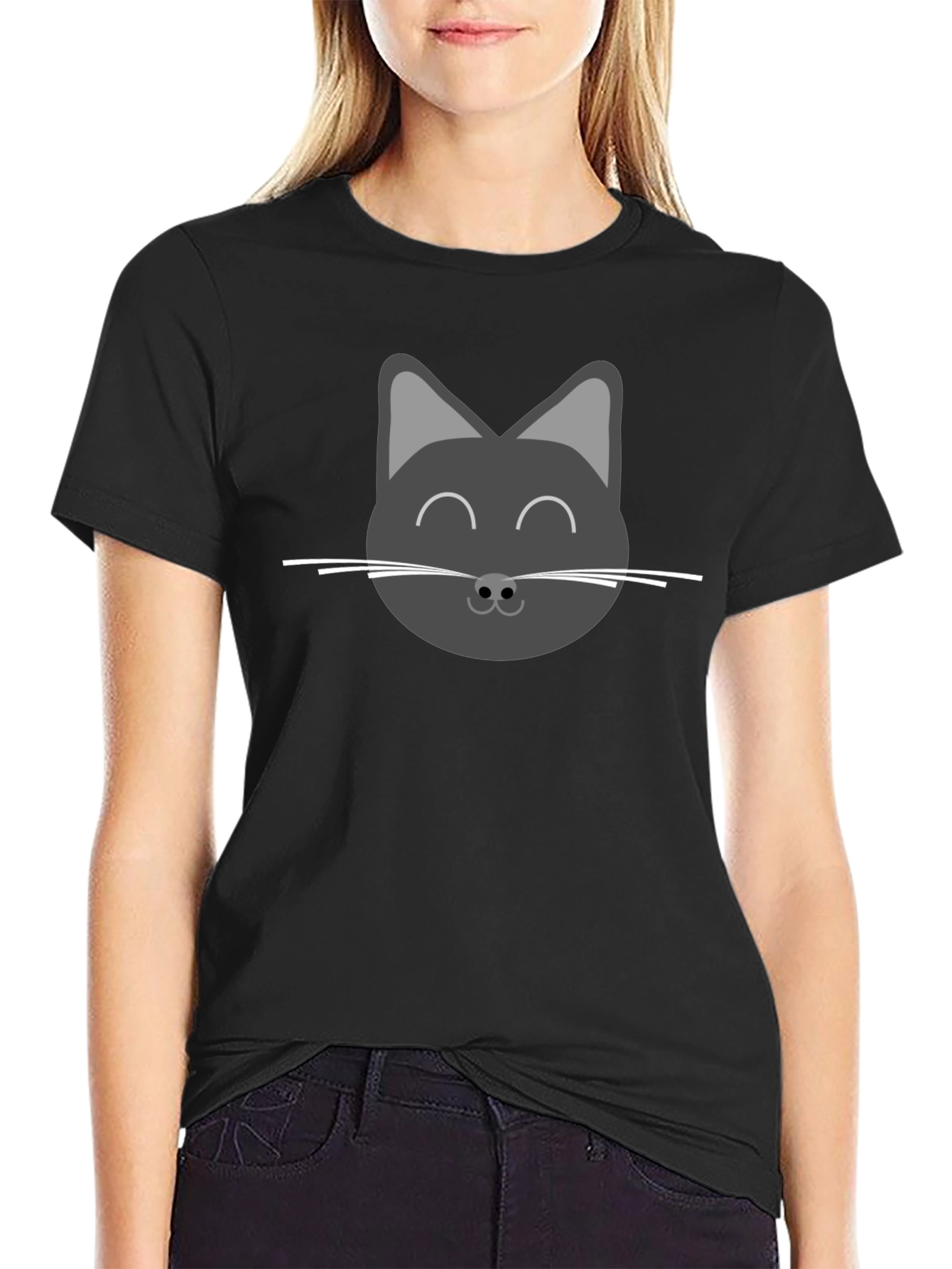 Cute Cat Face Graphic T-Shirt - Black