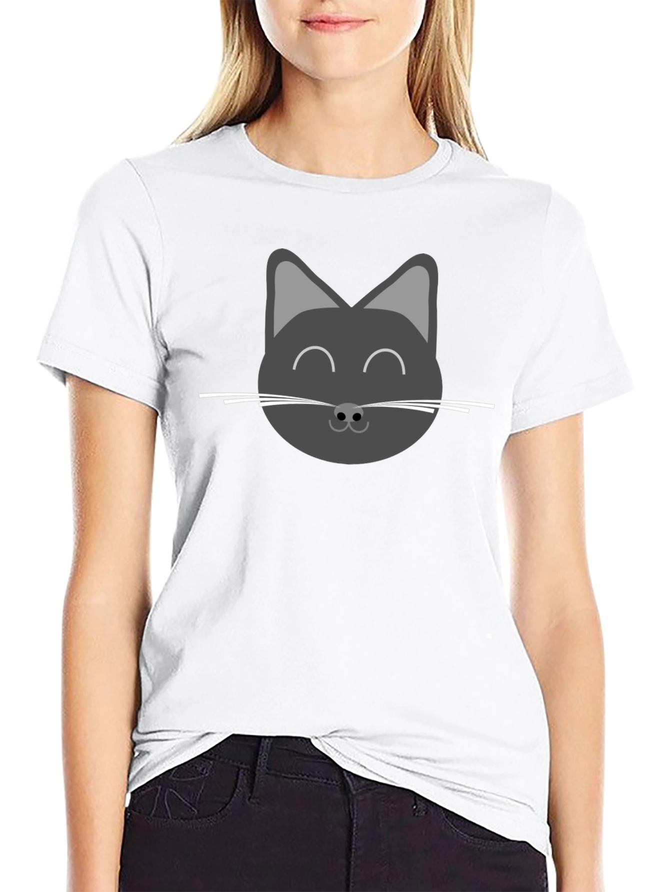Cute Cat Face Graphic T-Shirt - Black