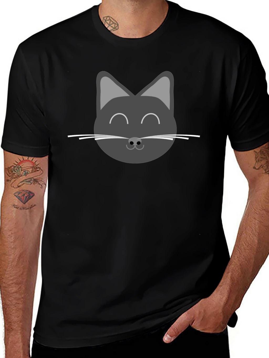 Cute Cat Face Graphic T-Shirt - Black
