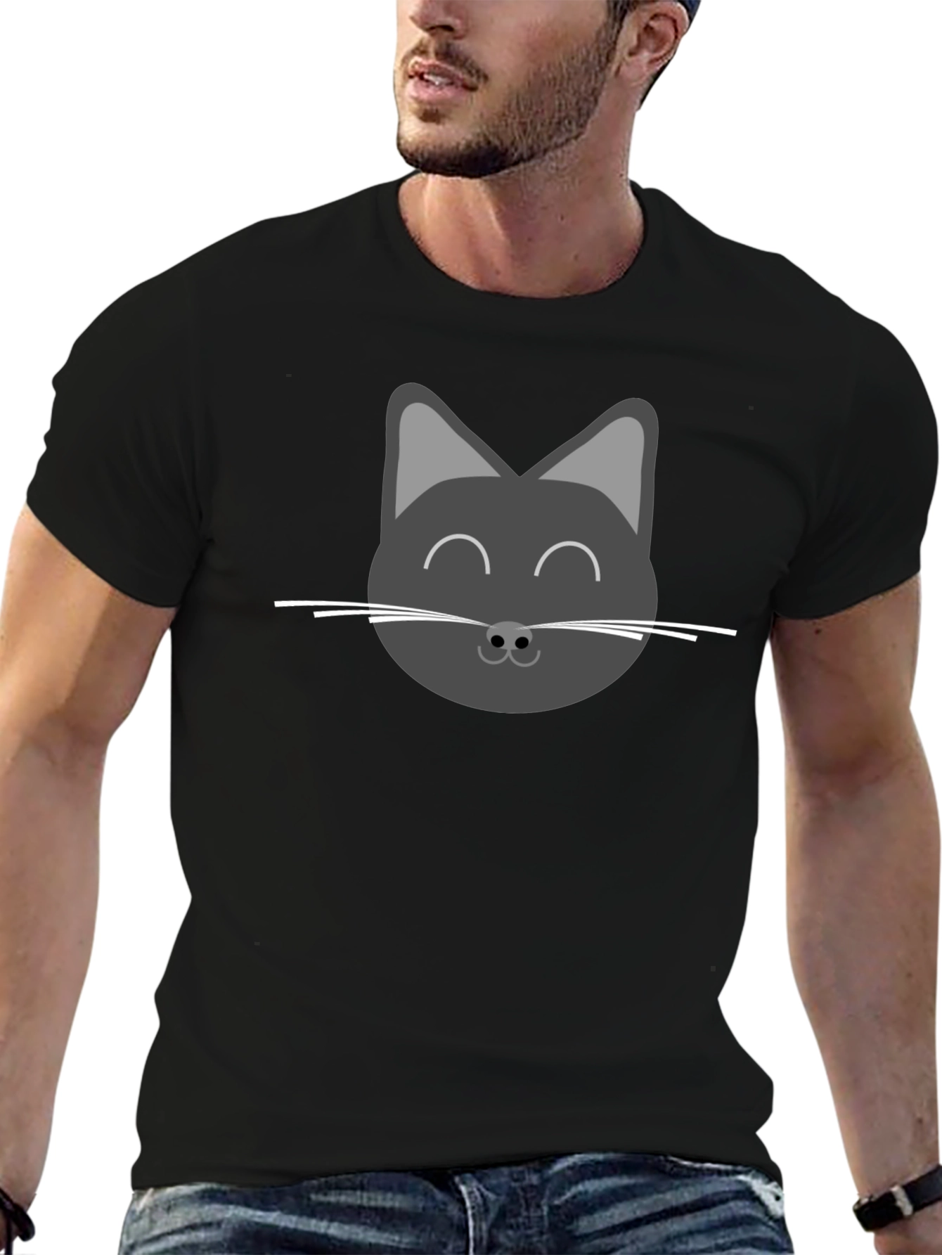 Cute Cat Face Graphic T-Shirt - Black