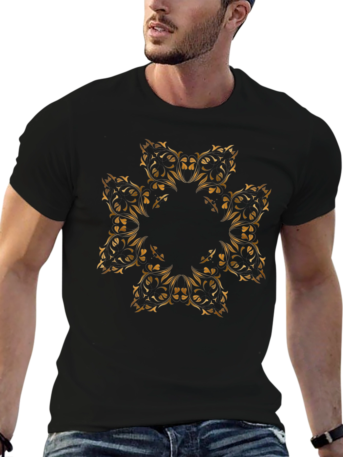 Elegant Floral Mandala Graphic Black T-Shirt