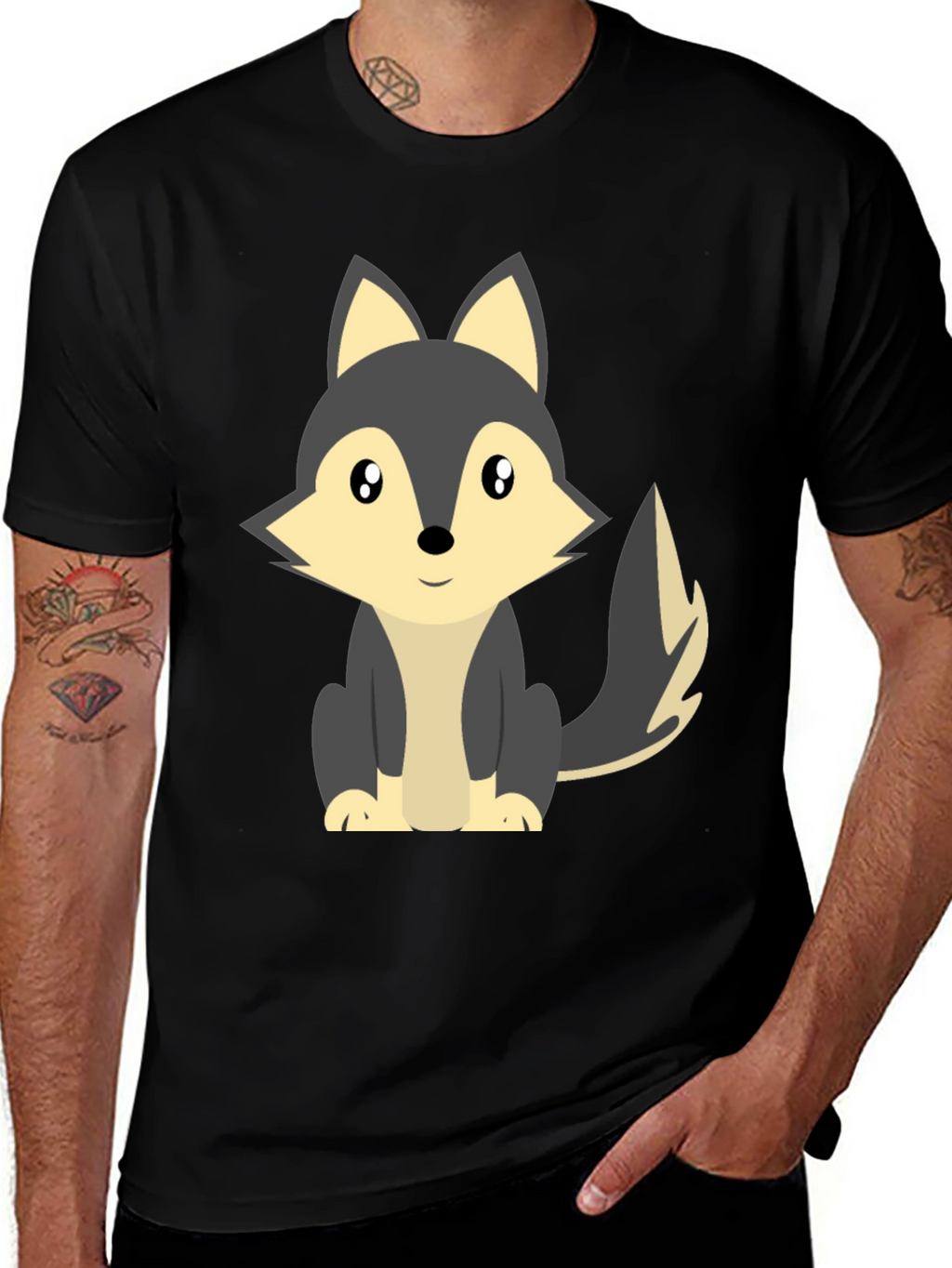 Cute Cartoon Wolf Graphic Tee - Black