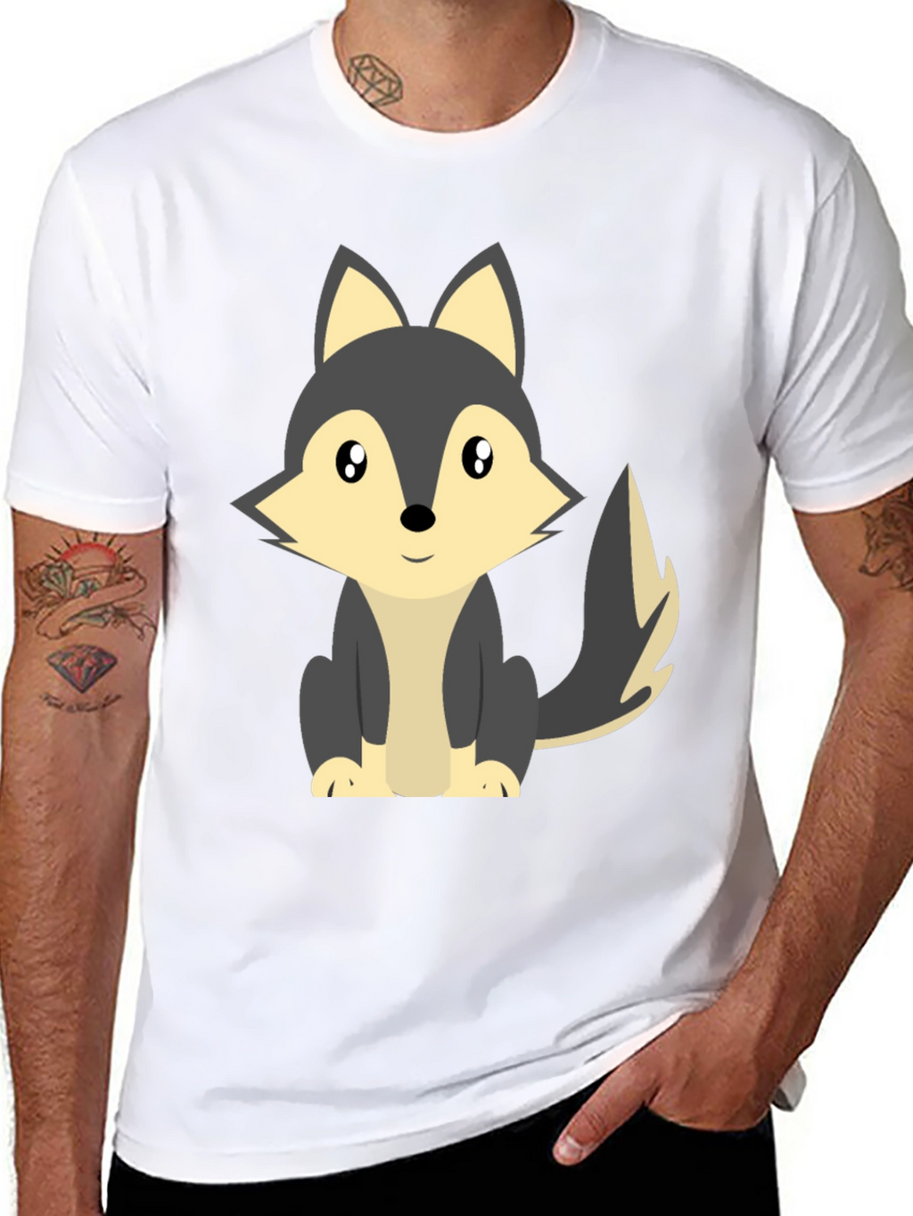 Cute Cartoon Wolf Graphic Tee - Black