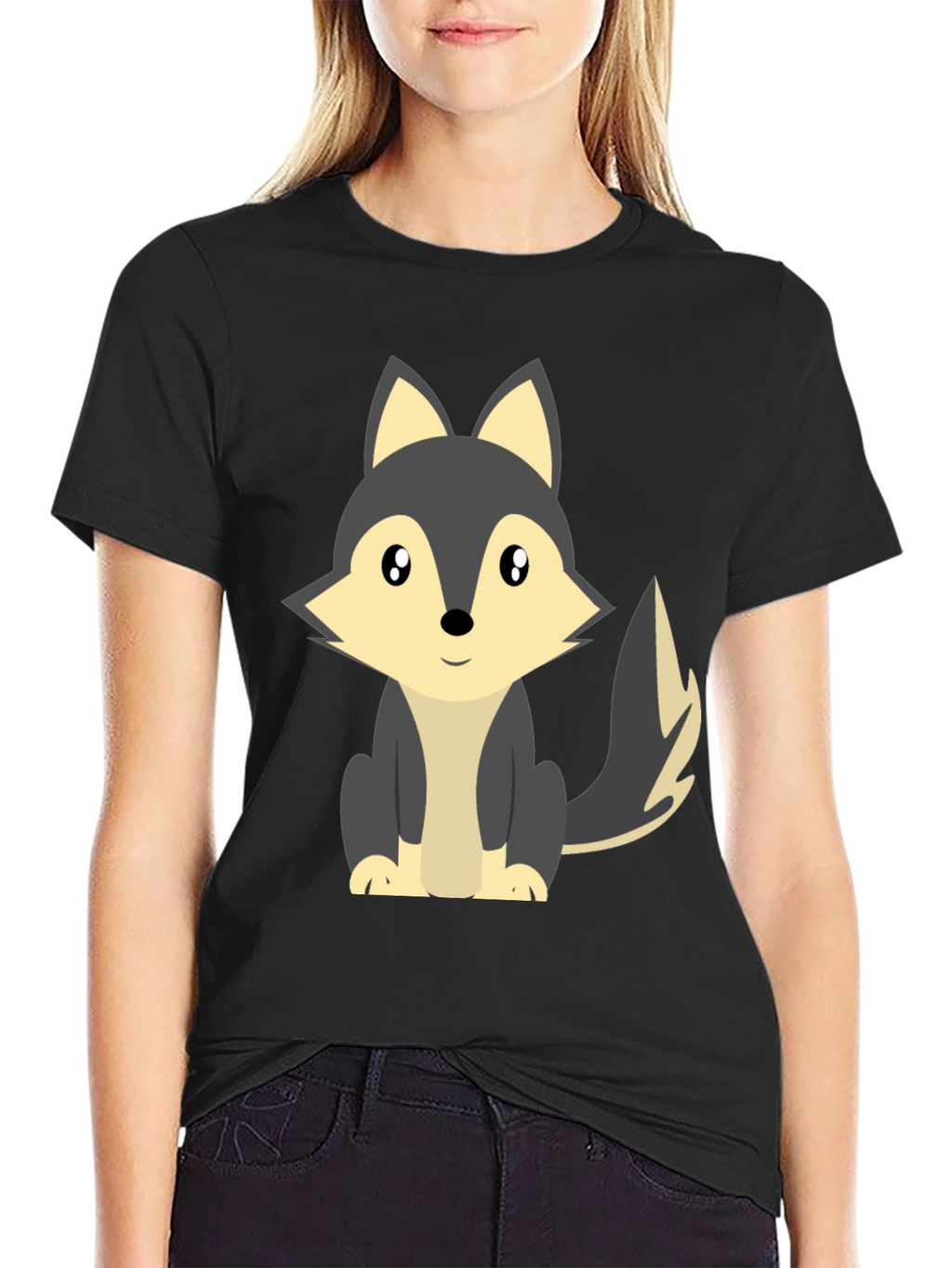 Cute Cartoon Wolf Graphic Tee - Black
