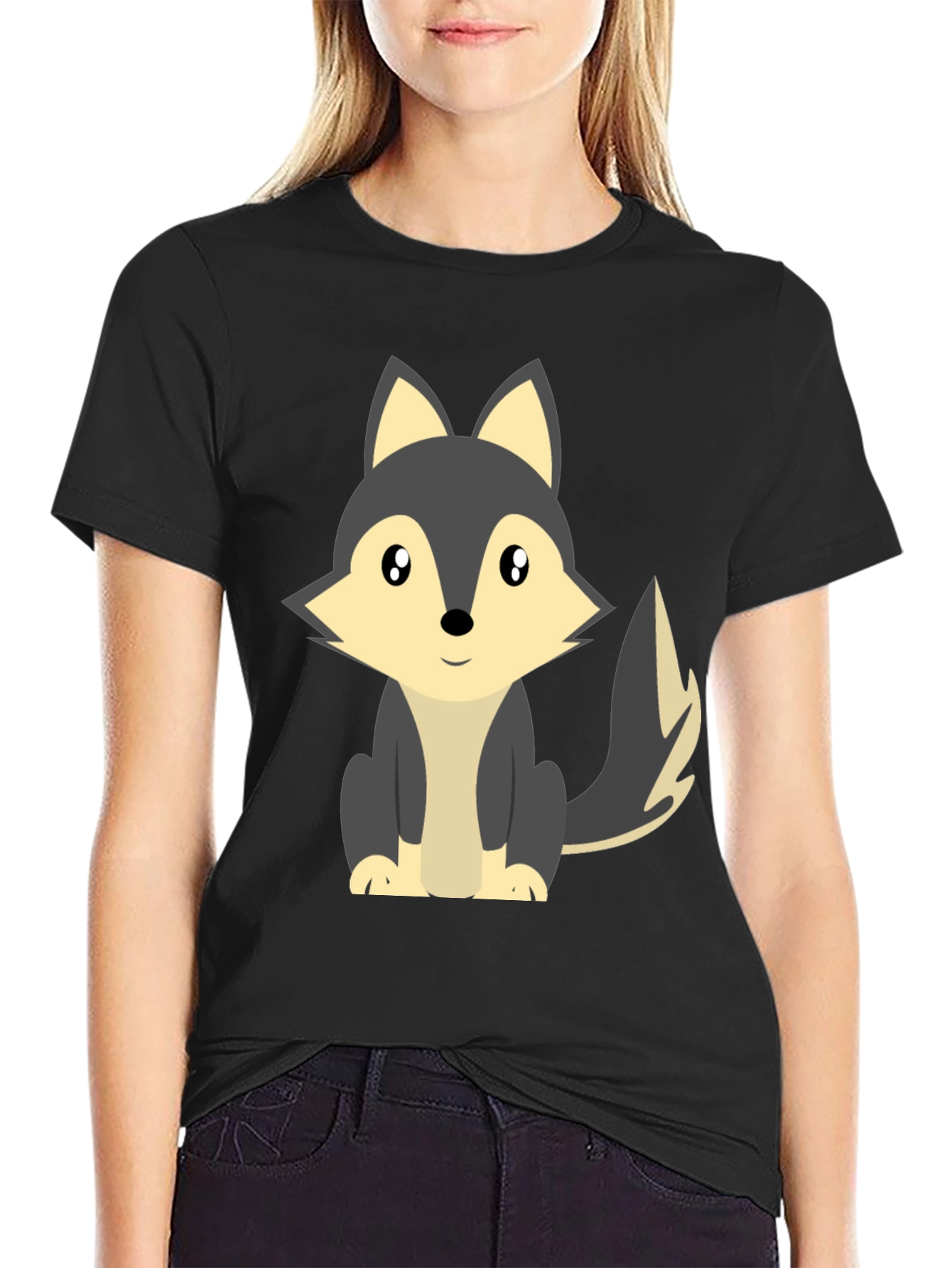 Cute Cartoon Wolf Graphic Tee - Black