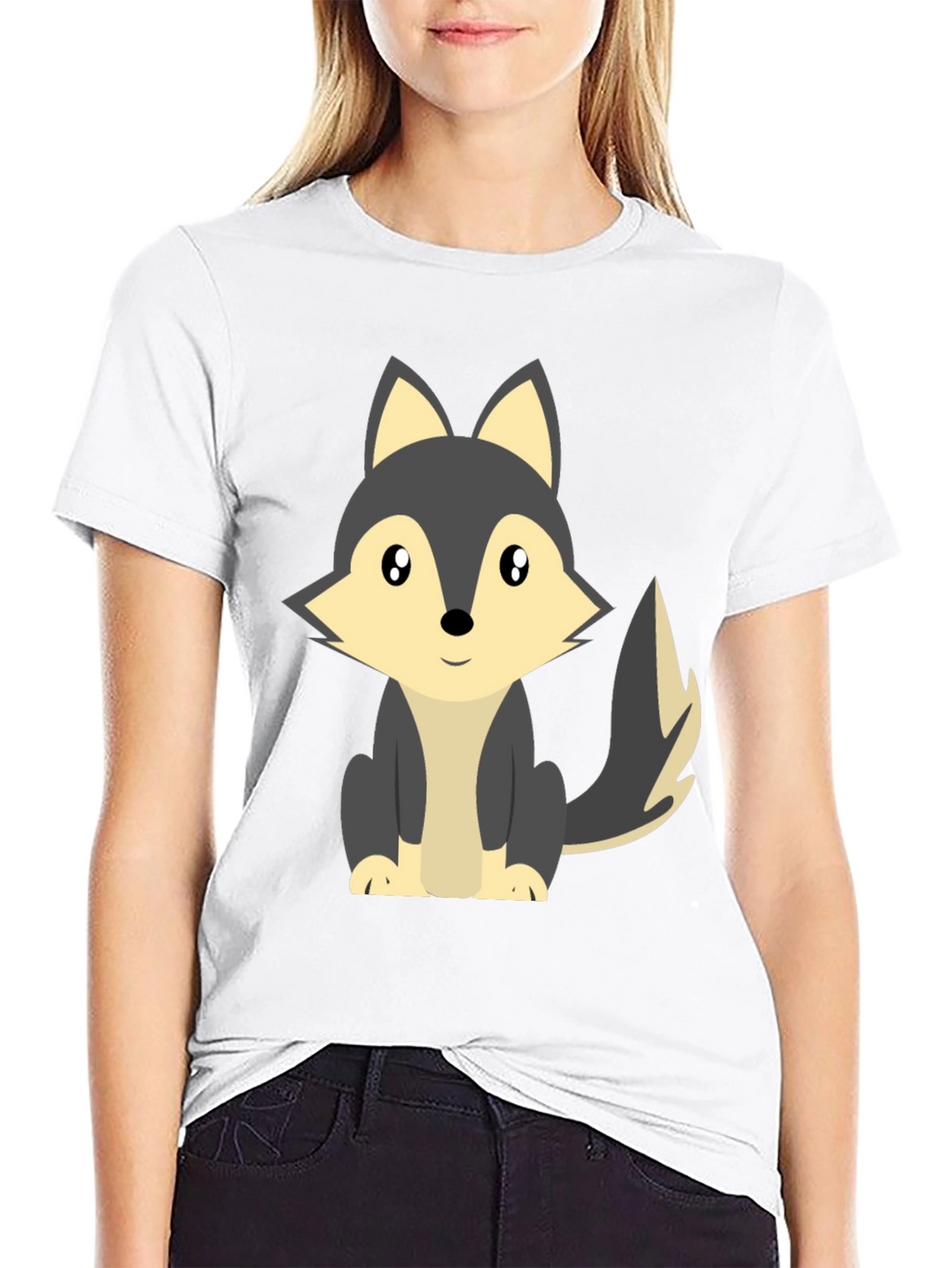 Cute Cartoon Wolf Graphic Tee - Black