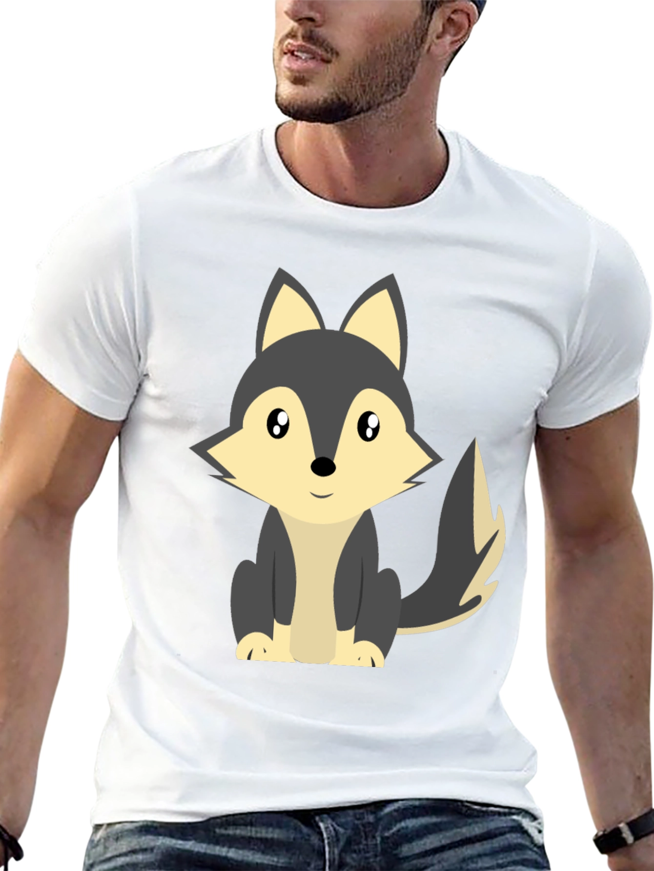 Cute Cartoon Wolf Graphic Tee - Black