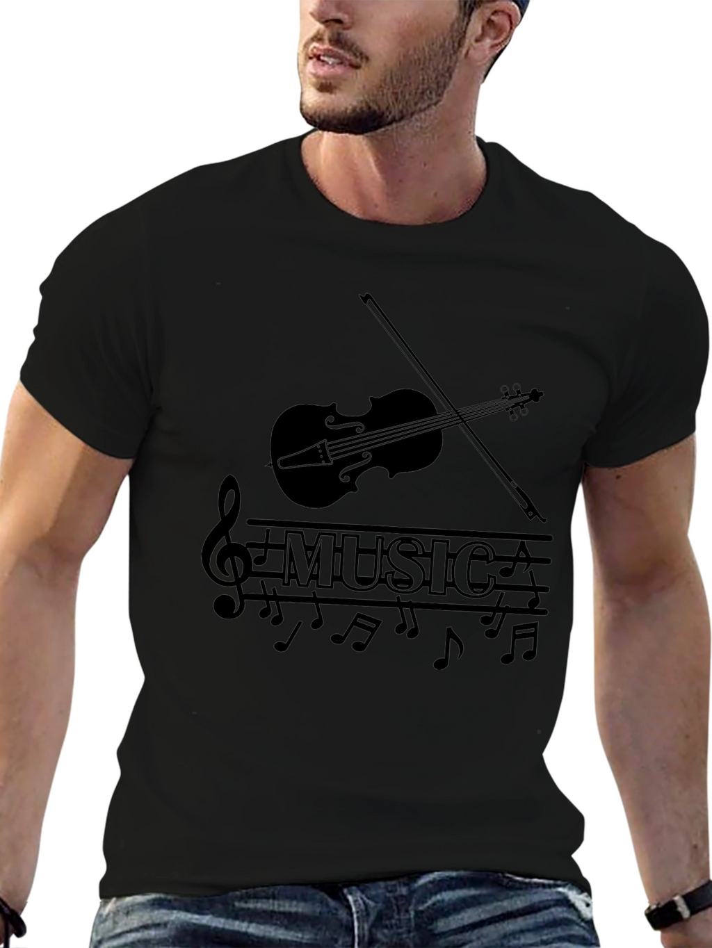 Music Lovers Black T-Shirt - Violin & Notes Design