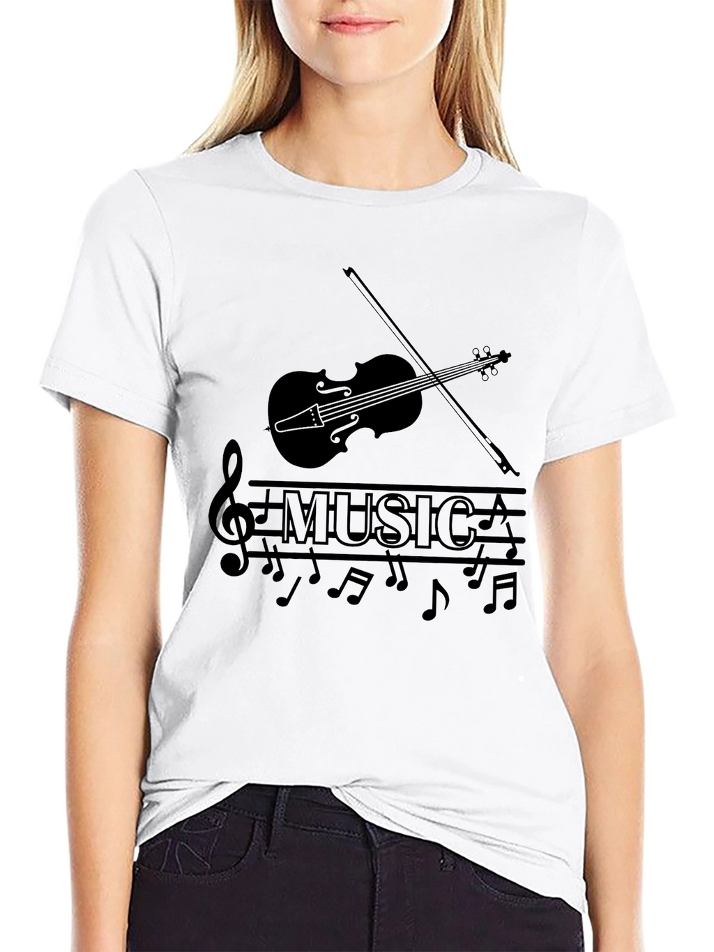 Music Lovers Black T-Shirt - Violin & Notes Design