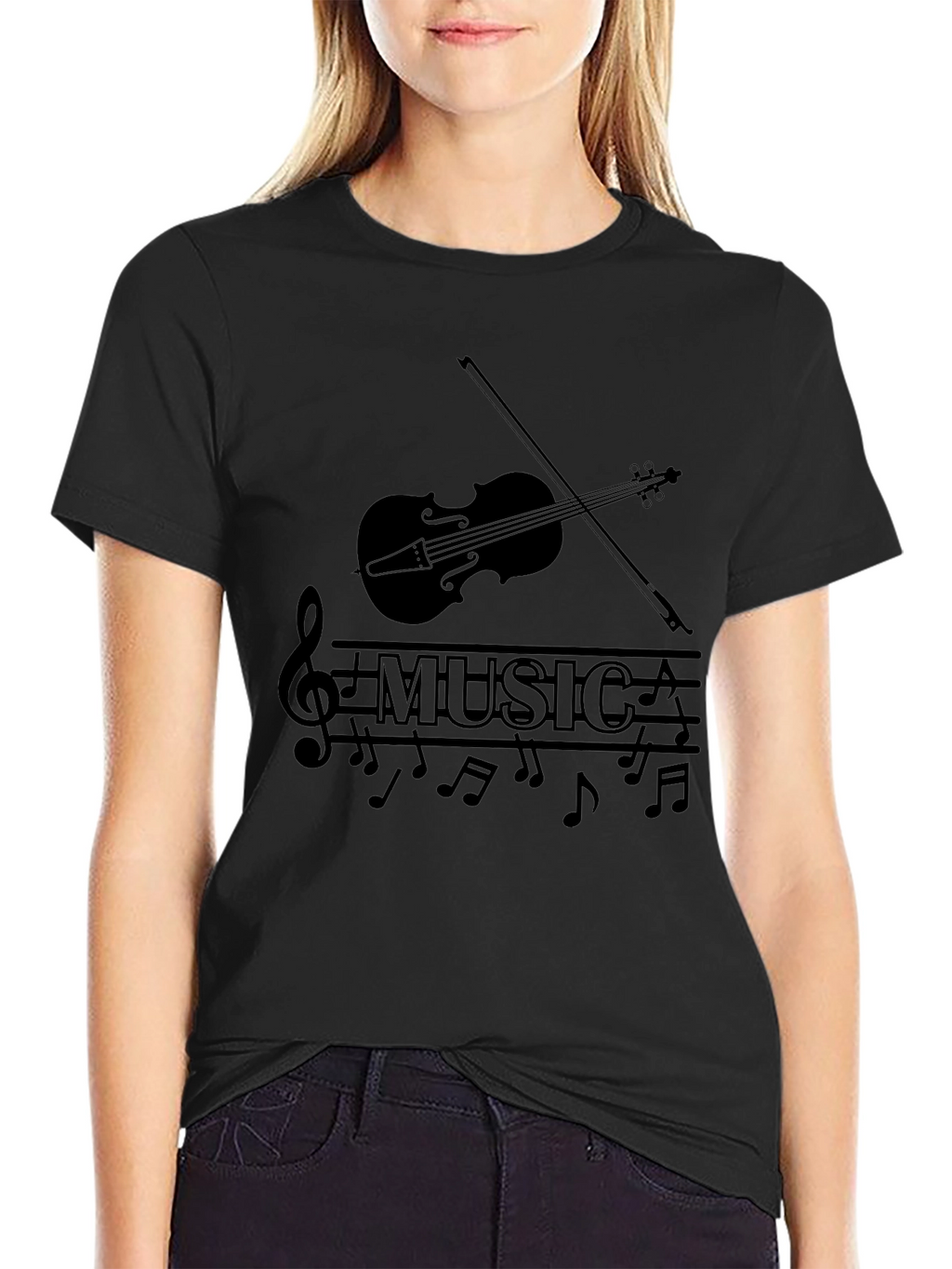 Music Lovers Black T-Shirt - Violin & Notes Design