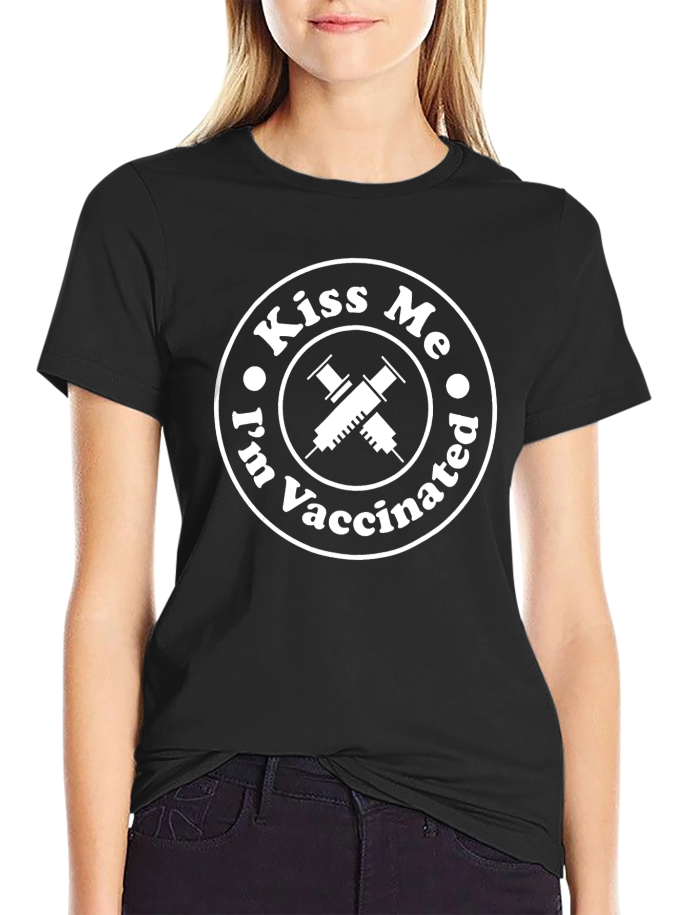Kiss Me Im Vaccinated T-Shirt - Black Crew Neck