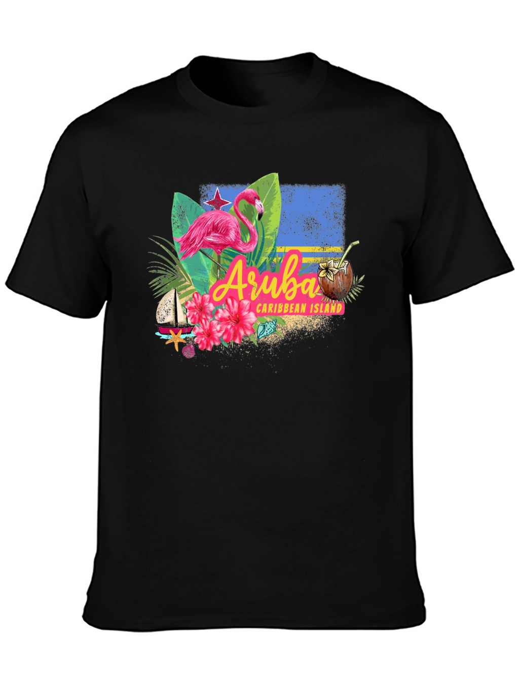 Aruba Caribbean Island Flamingo Black T-Shirt