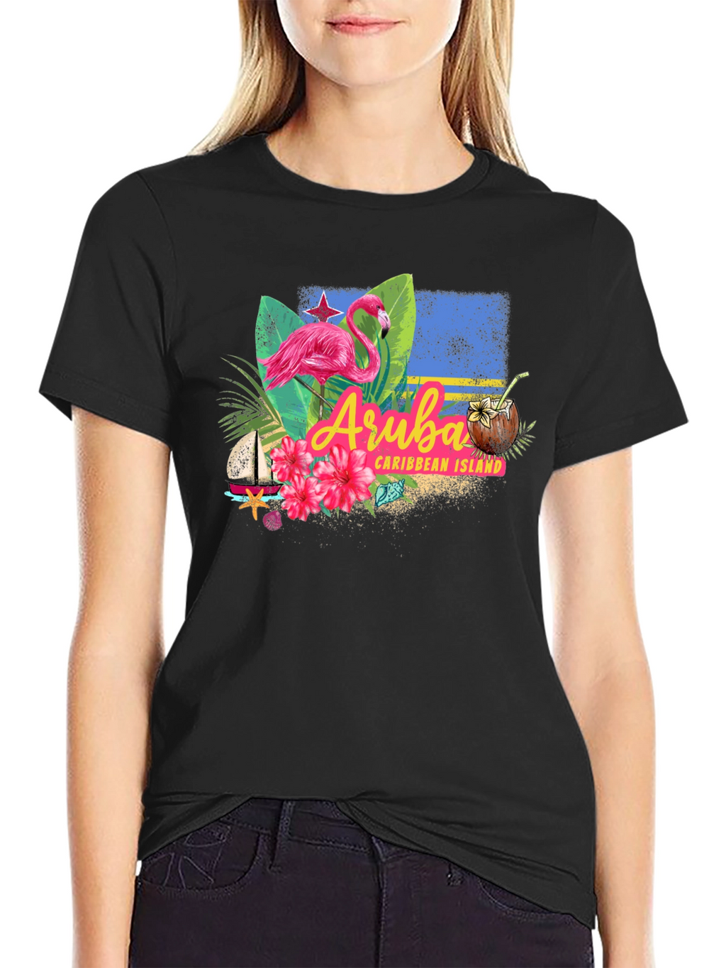 Aruba Caribbean Island Flamingo Black T-Shirt
