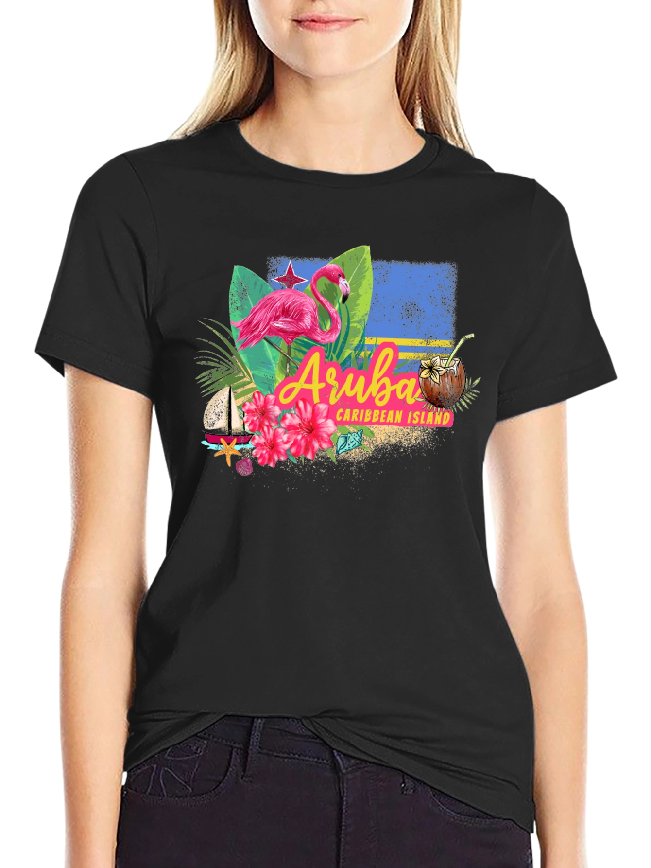 Aruba Caribbean Island Flamingo Black T-Shirt