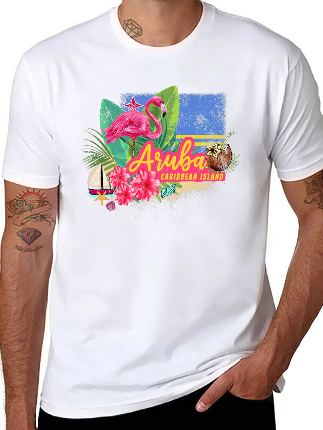 Aruba Caribbean Island Flamingo Black T-Shirt