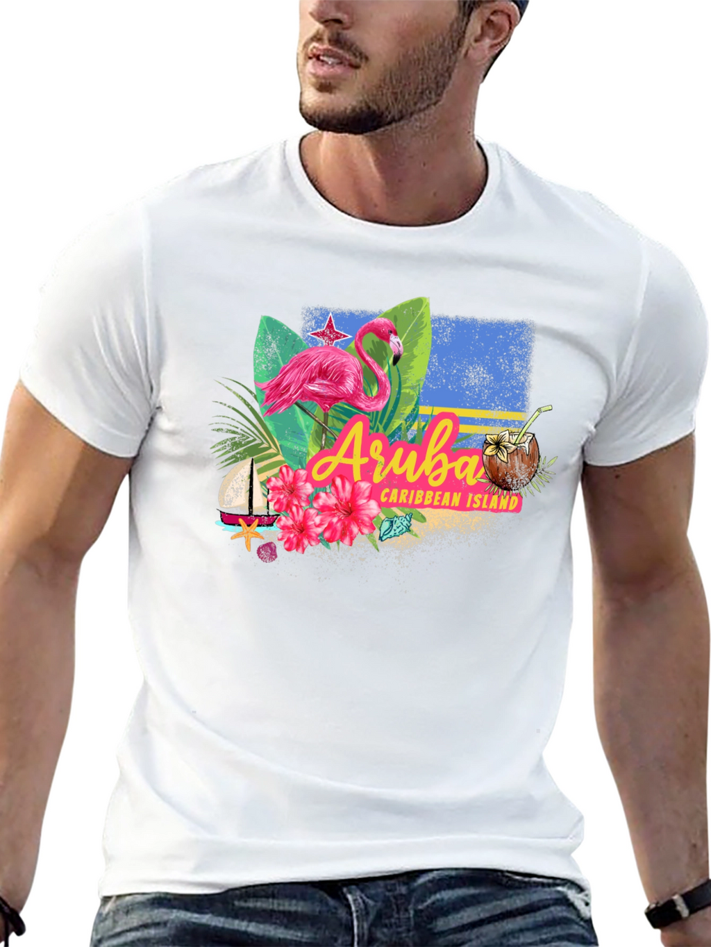 Aruba Caribbean Island Flamingo Black T-Shirt