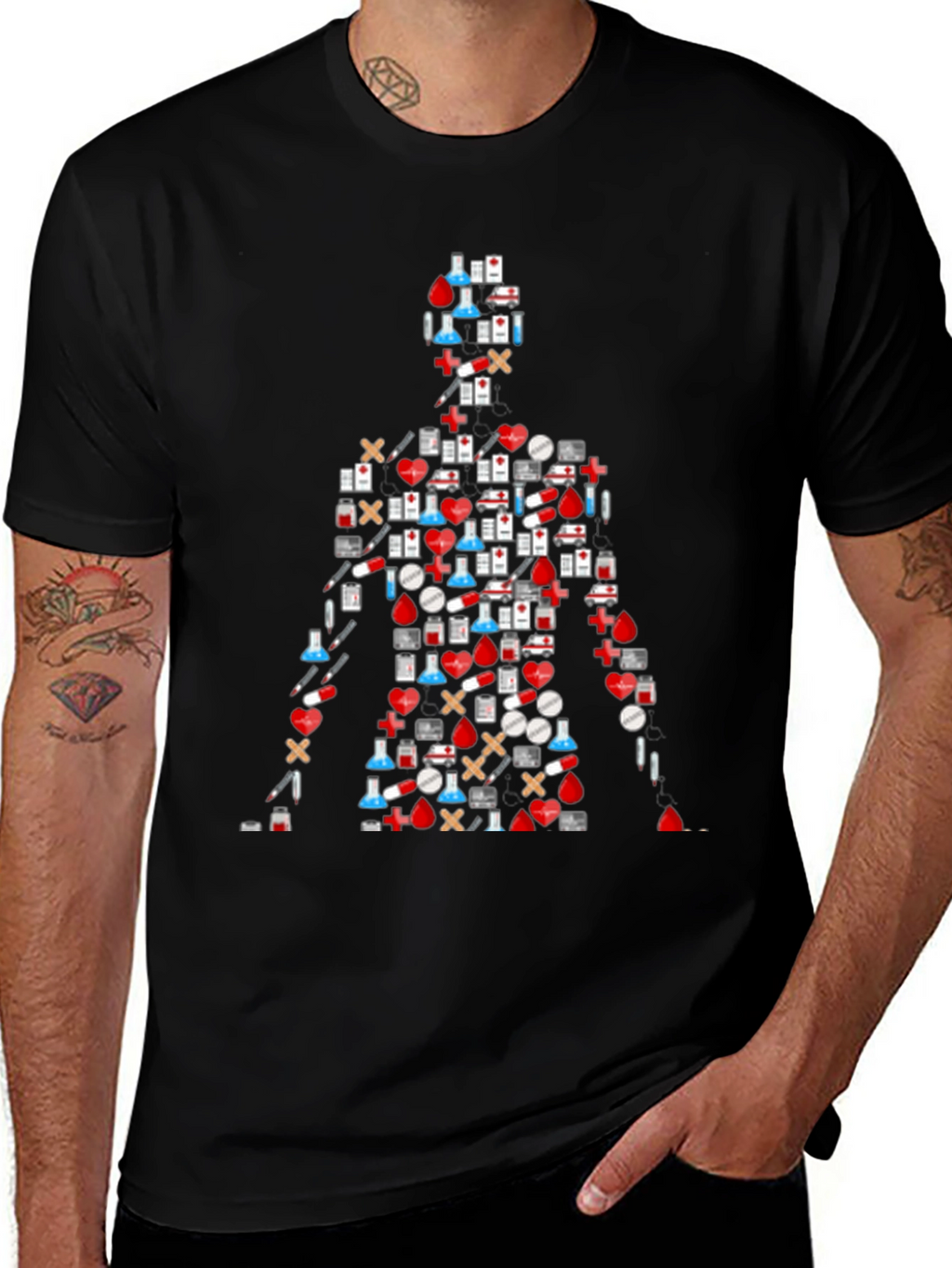 Medical Symbol Graphic T-Shirt - Black Casual Tee