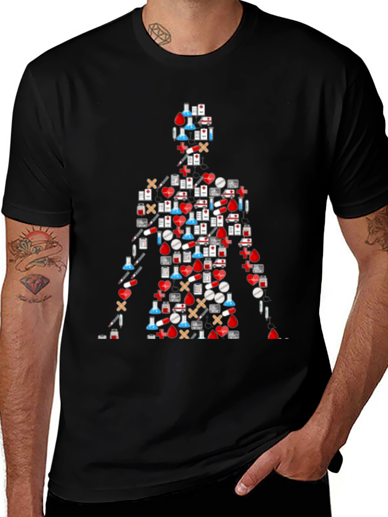 Medical Symbol Graphic T-Shirt - Black Casual Tee