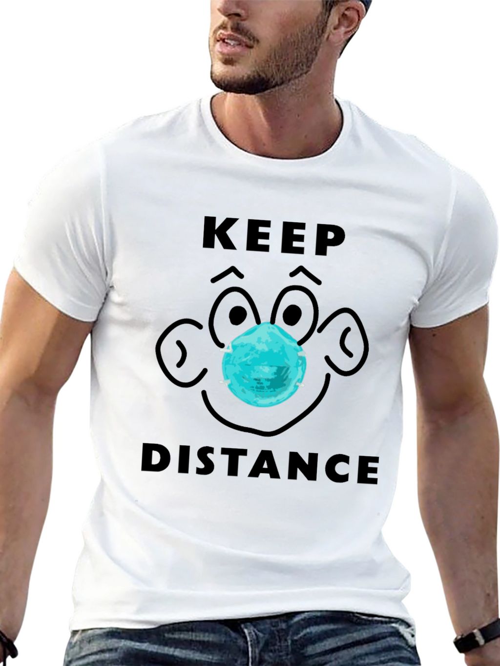 Keep Distance Cartoon Face Graphic Tee - Black