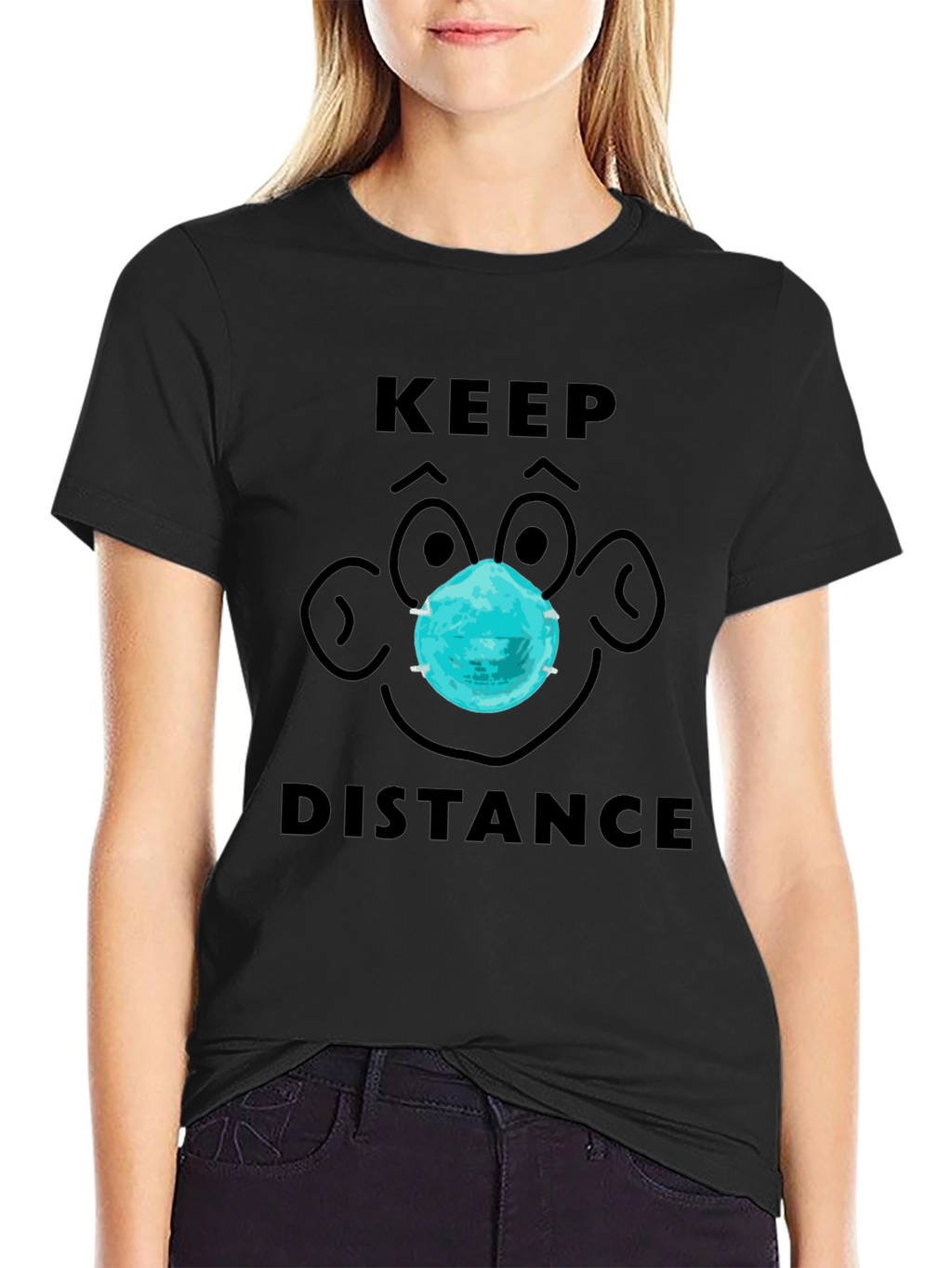 Keep Distance Cartoon Face Graphic Tee - Black