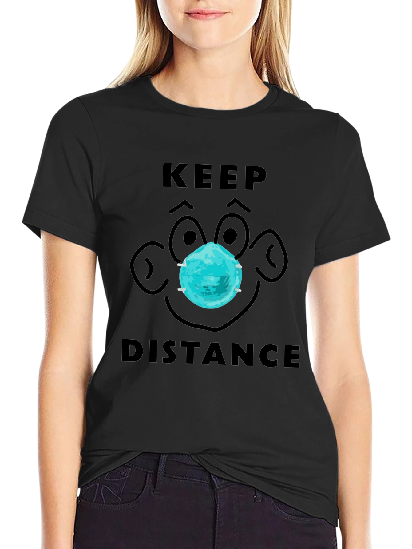 Keep Distance Cartoon Face Graphic Tee - Black