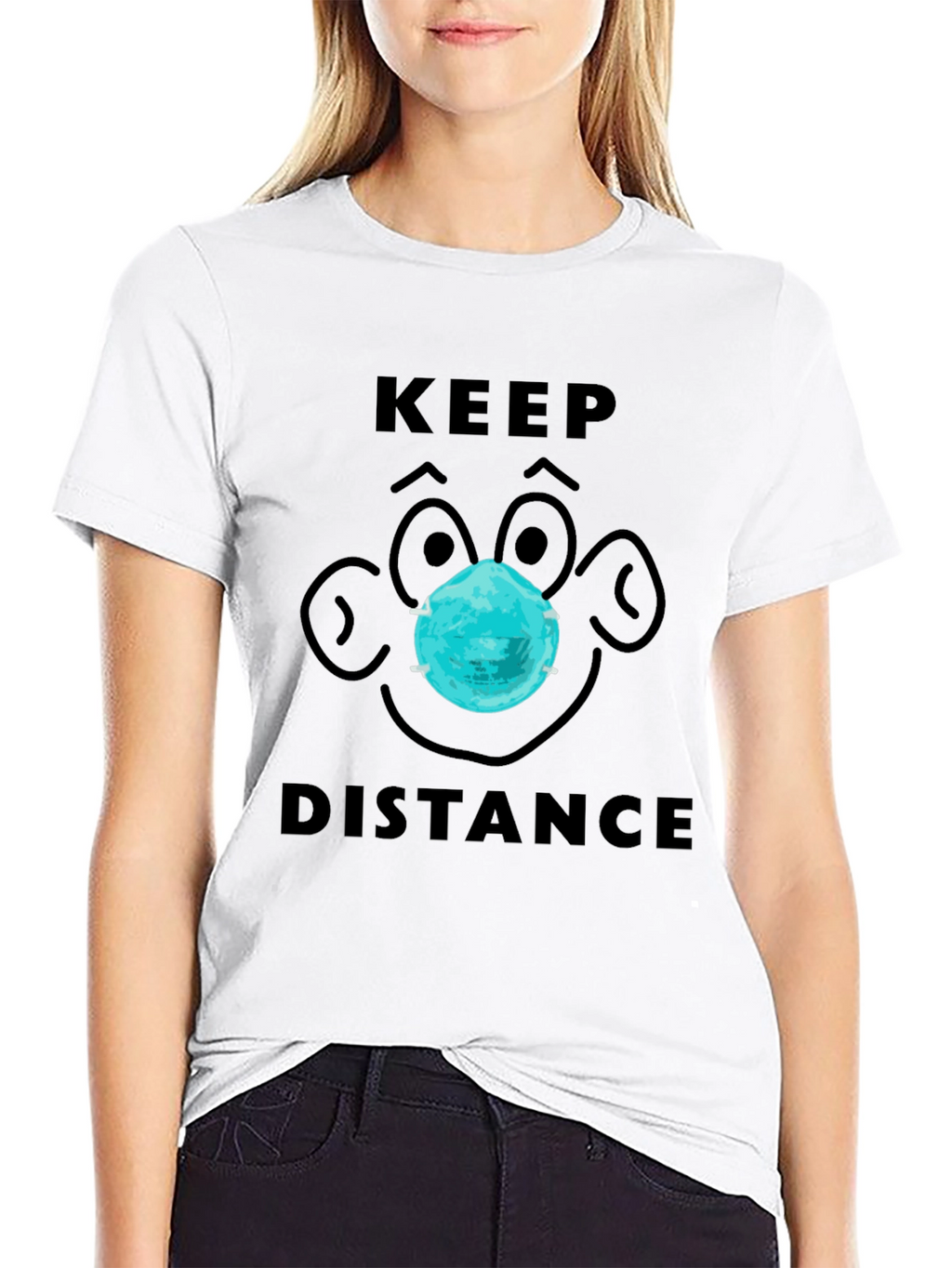 Keep Distance Cartoon Face Graphic Tee - Black