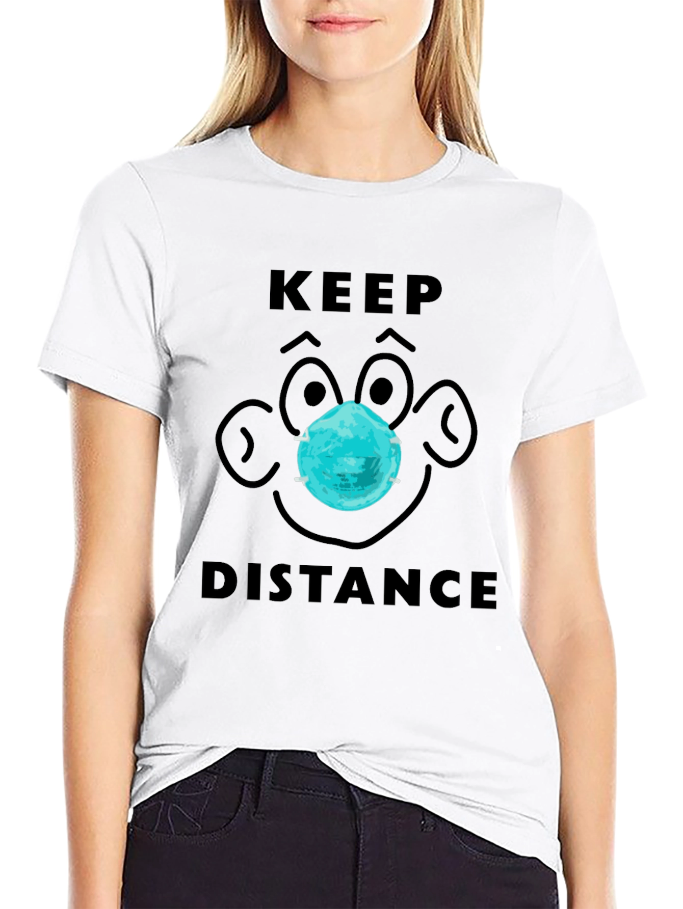 Keep Distance Cartoon Face Graphic Tee - Black