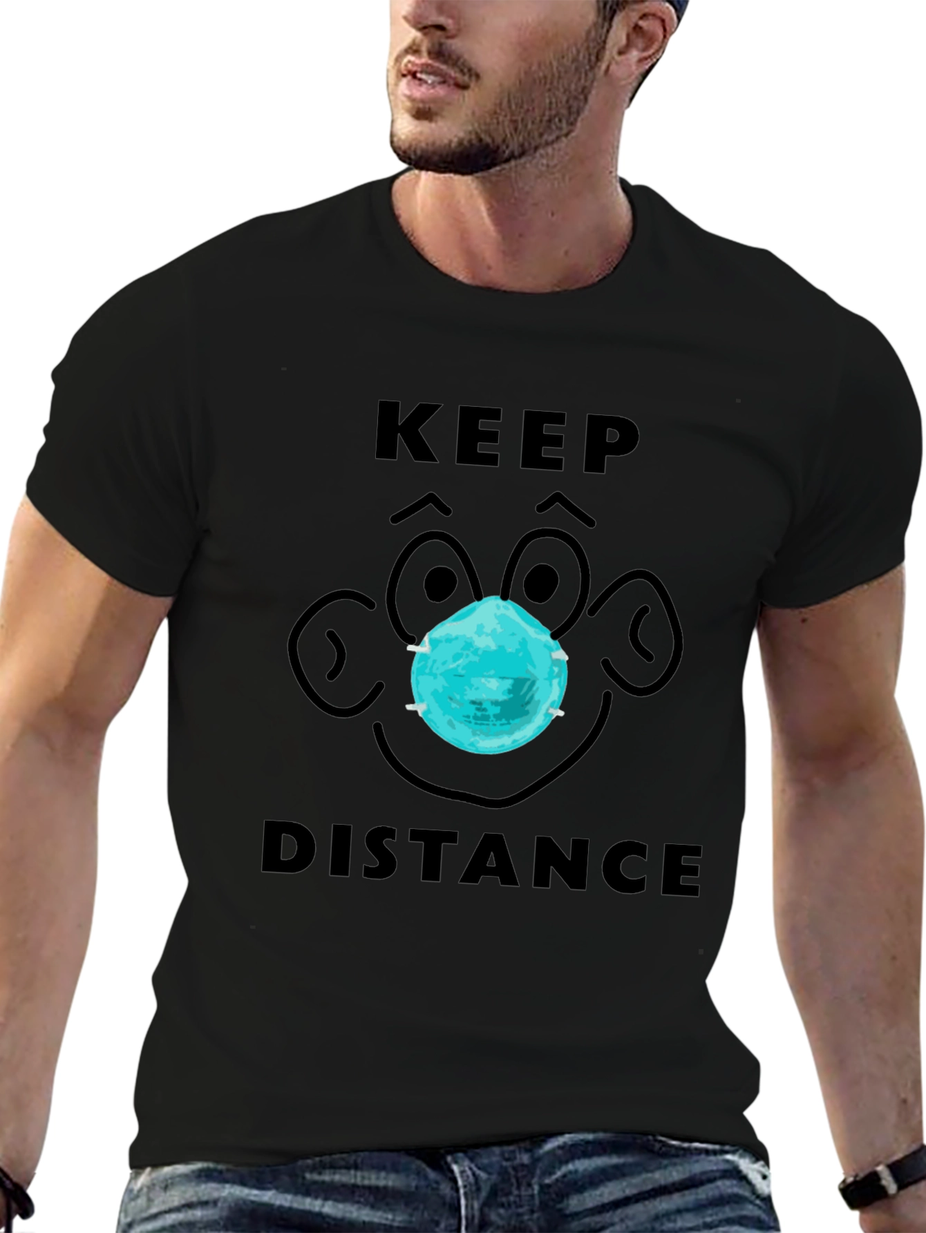 Keep Distance Cartoon Face Graphic Tee - Black