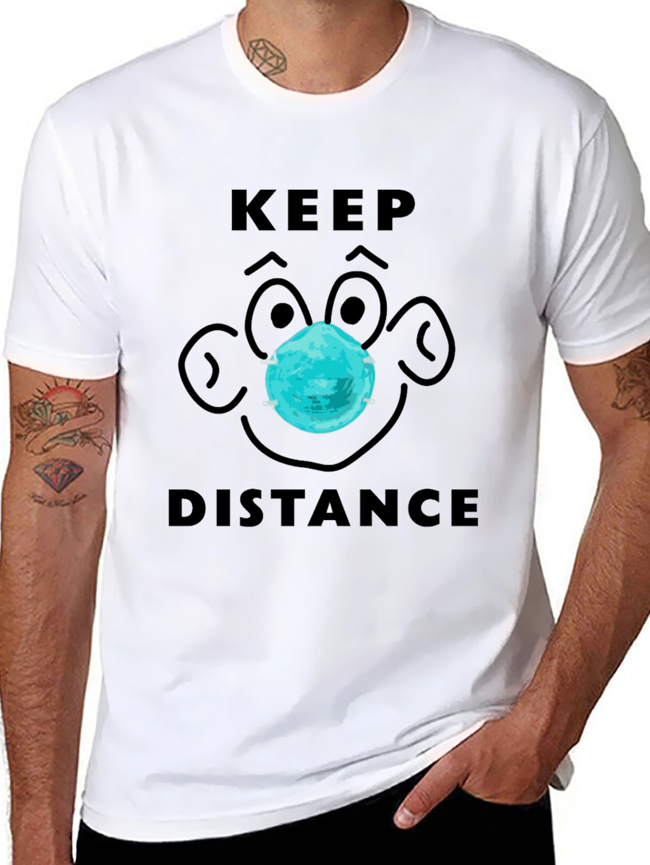 Keep Distance Cartoon Face Graphic Tee - Black
