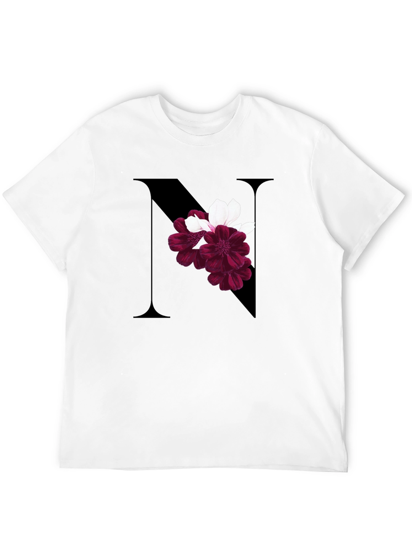 Floral Letter N Black T-Shirt