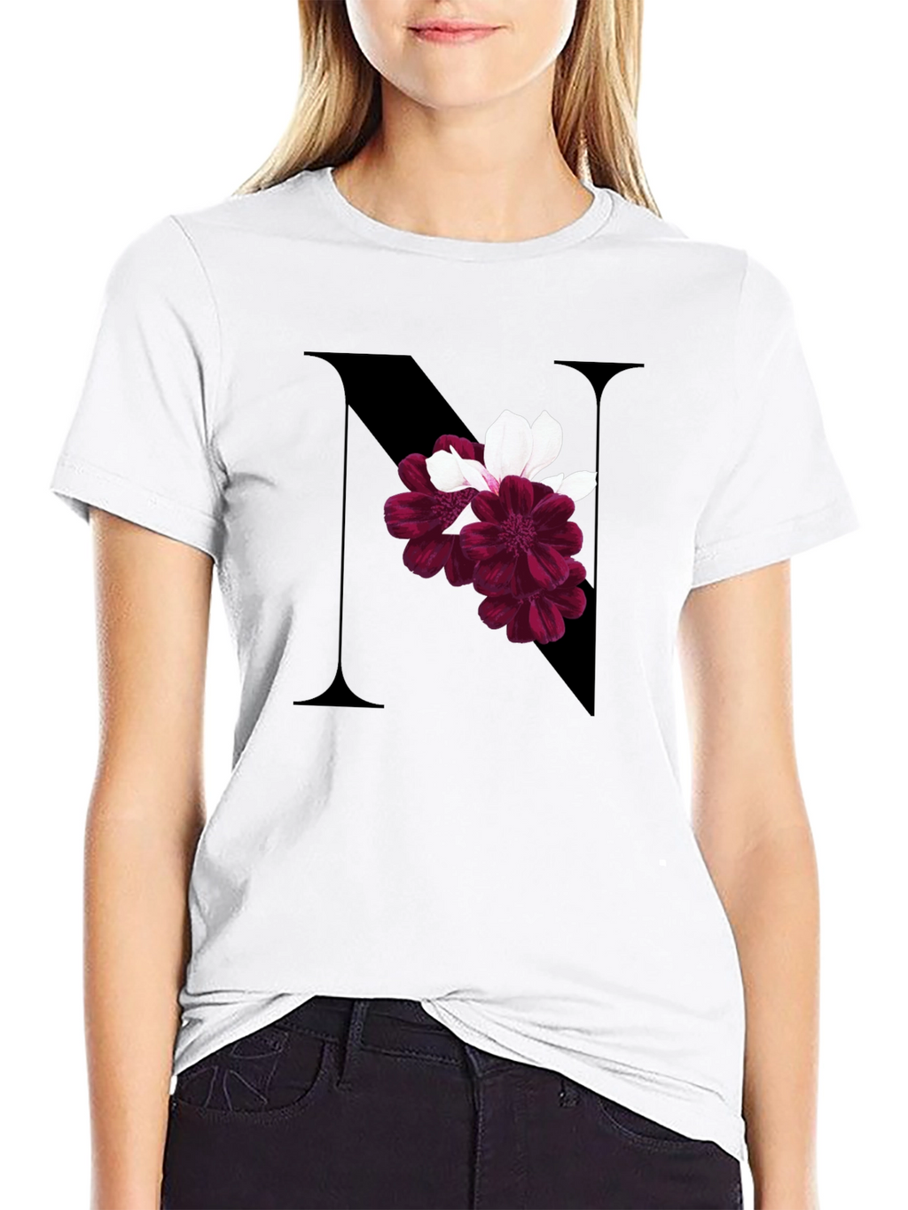 Floral Letter N Black T-Shirt