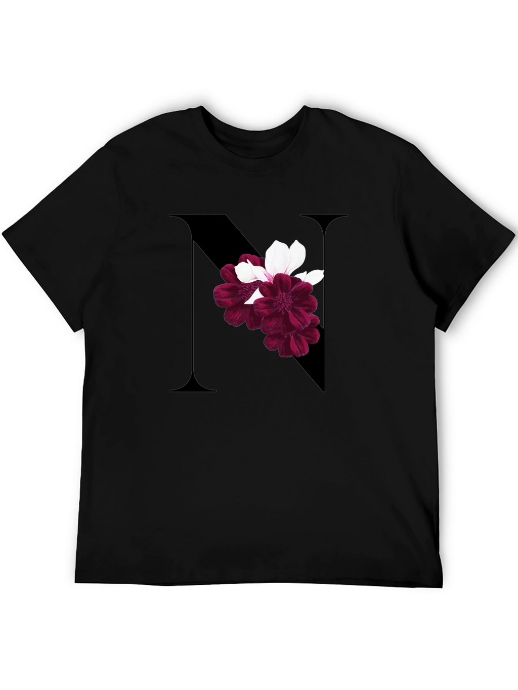 Floral Letter N Black T-Shirt
