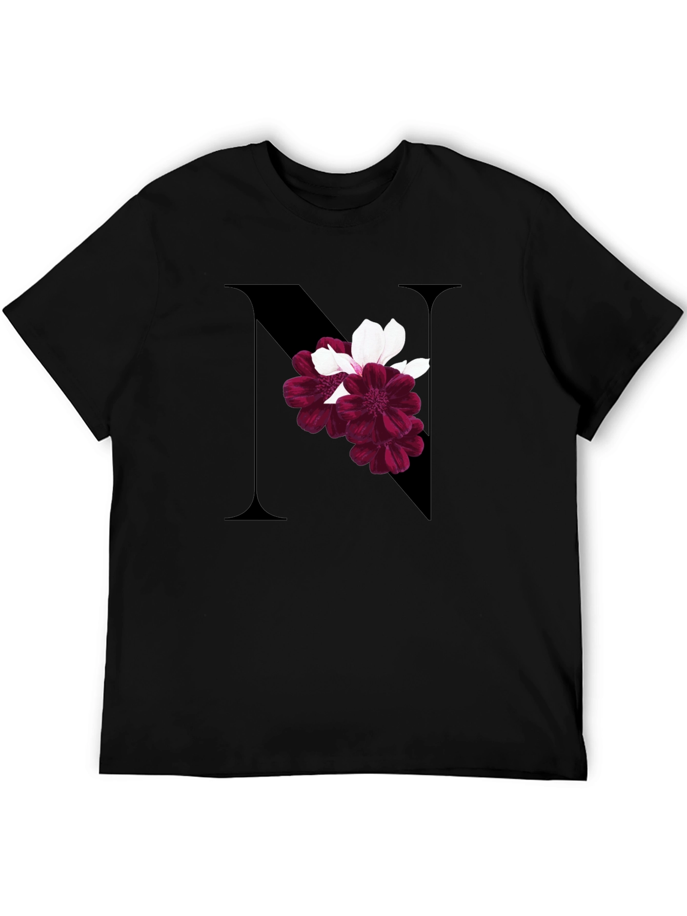 Floral Letter N Black T-Shirt