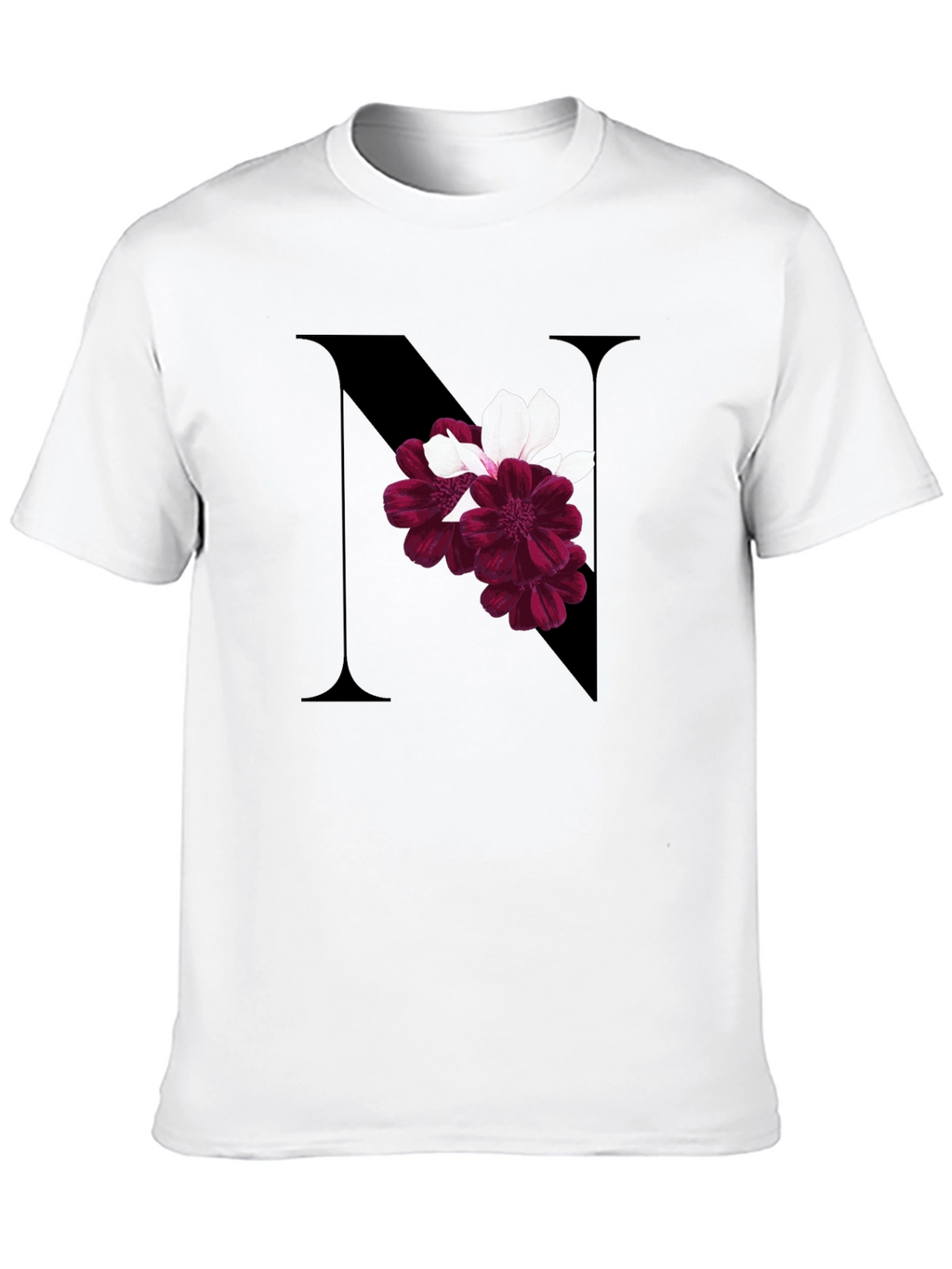 Floral Letter N Black T-Shirt
