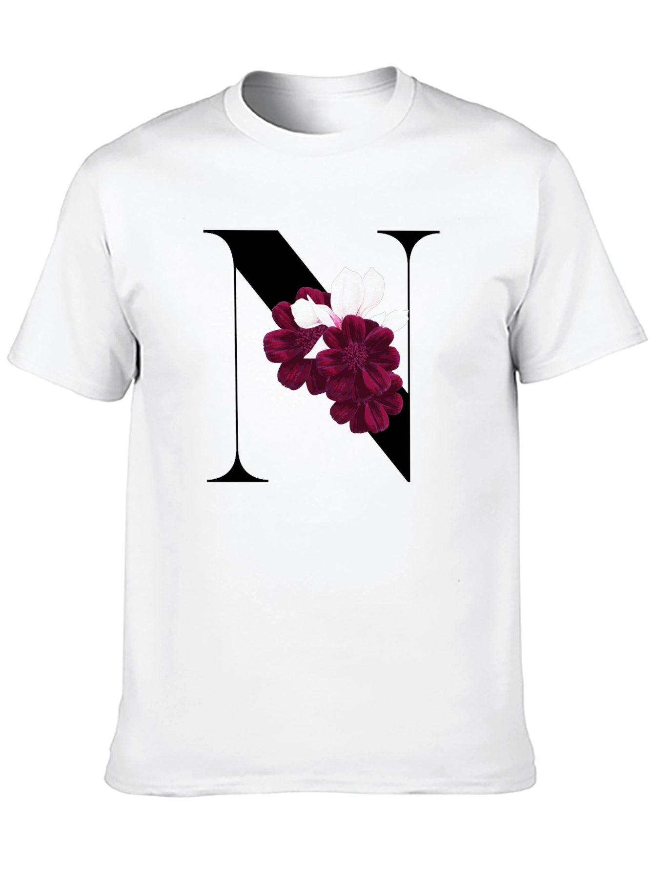 Floral Letter N Black T-Shirt