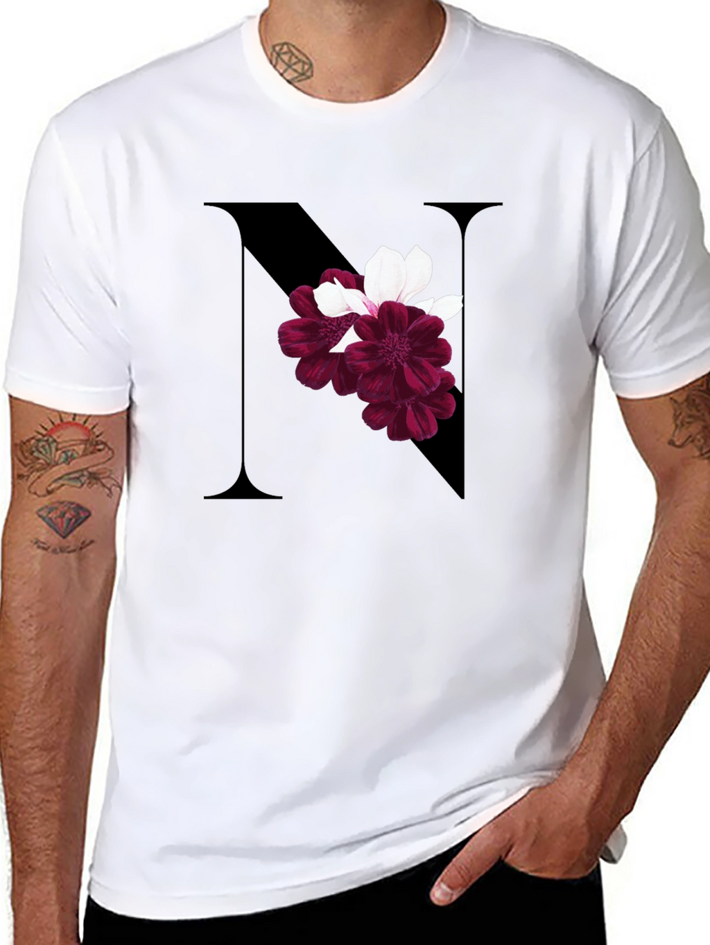 Floral Letter N Black T-Shirt