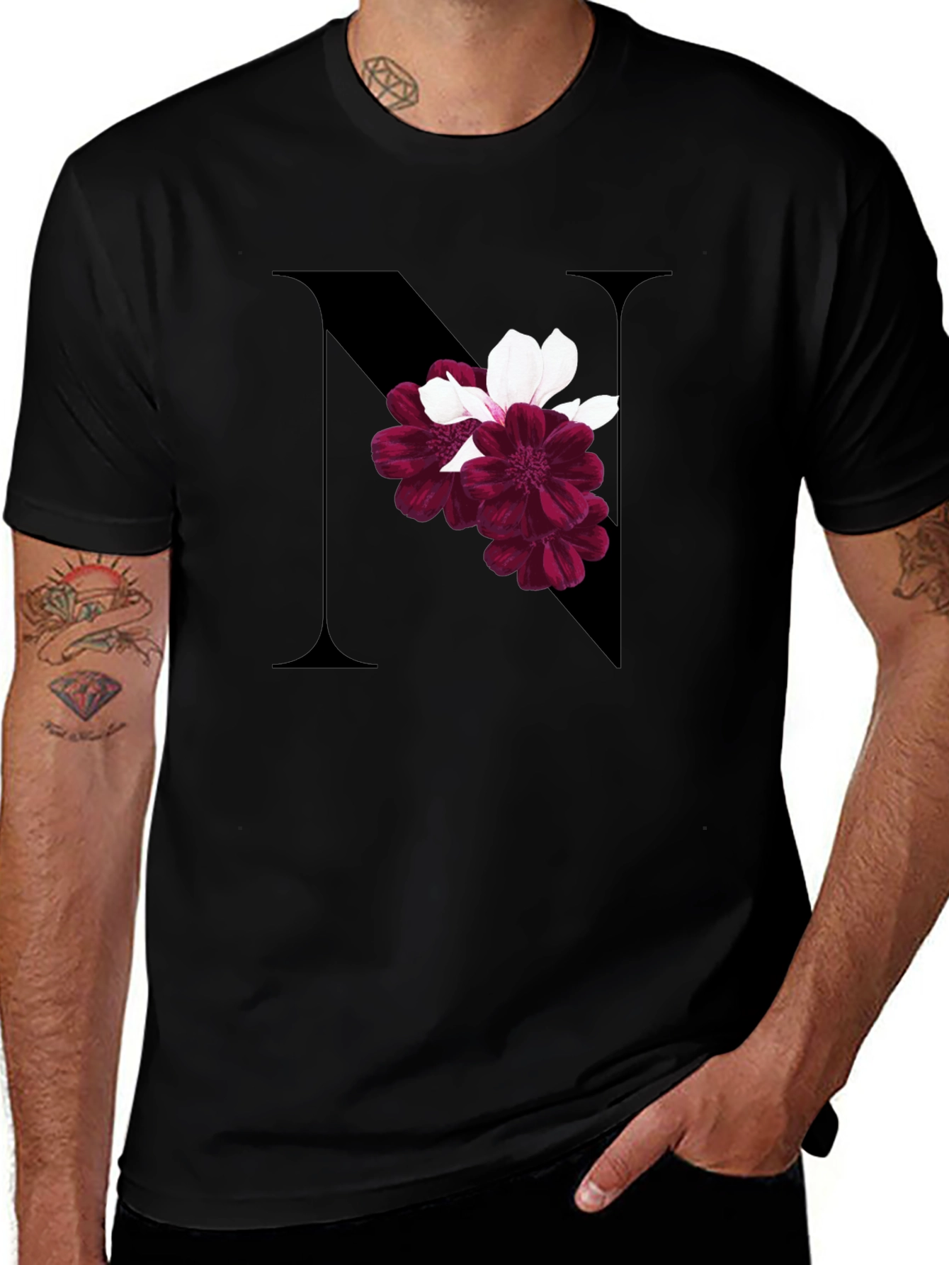 Floral Letter N Black T-Shirt