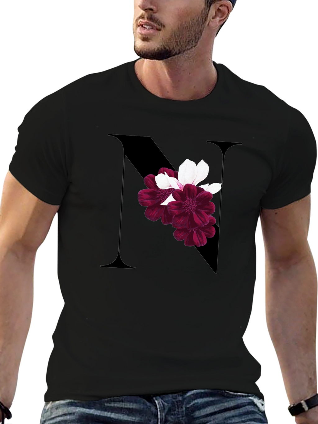 Floral Letter N Black T-Shirt