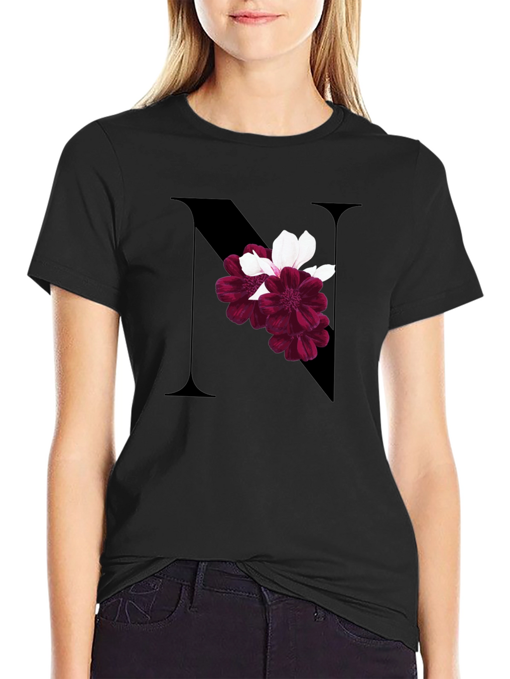 Floral Letter N Black T-Shirt