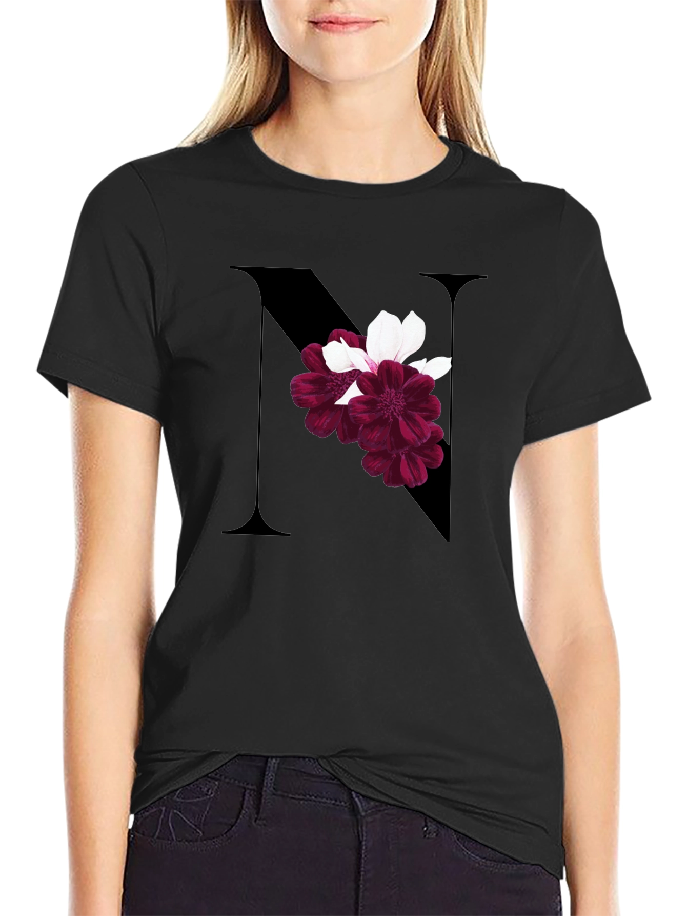 Floral Letter N Black T-Shirt