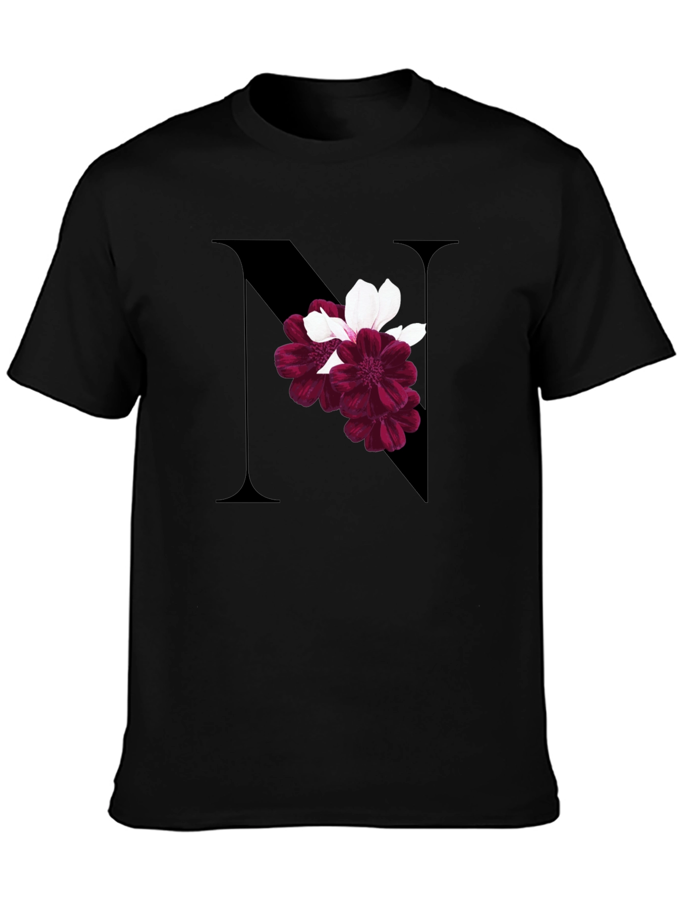 Floral Letter N Black T-Shirt