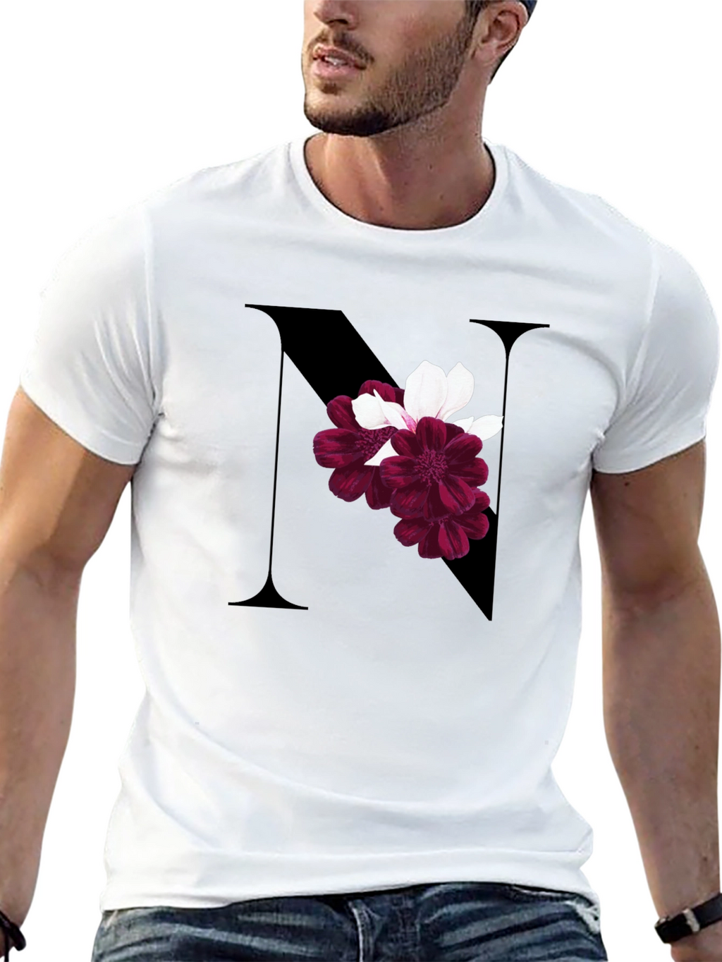 Floral Letter N Black T-Shirt