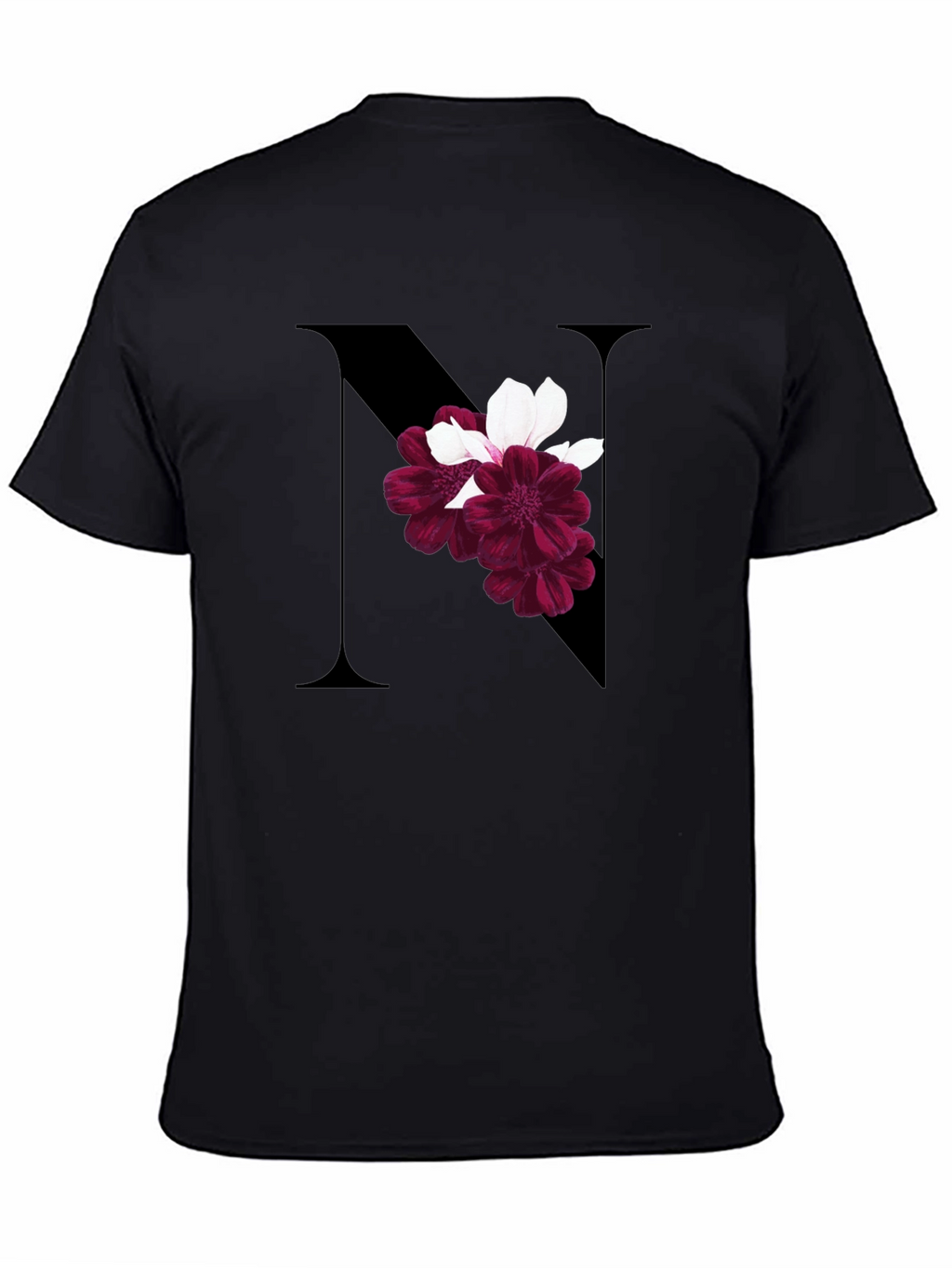 Floral Letter N Black T-Shirt